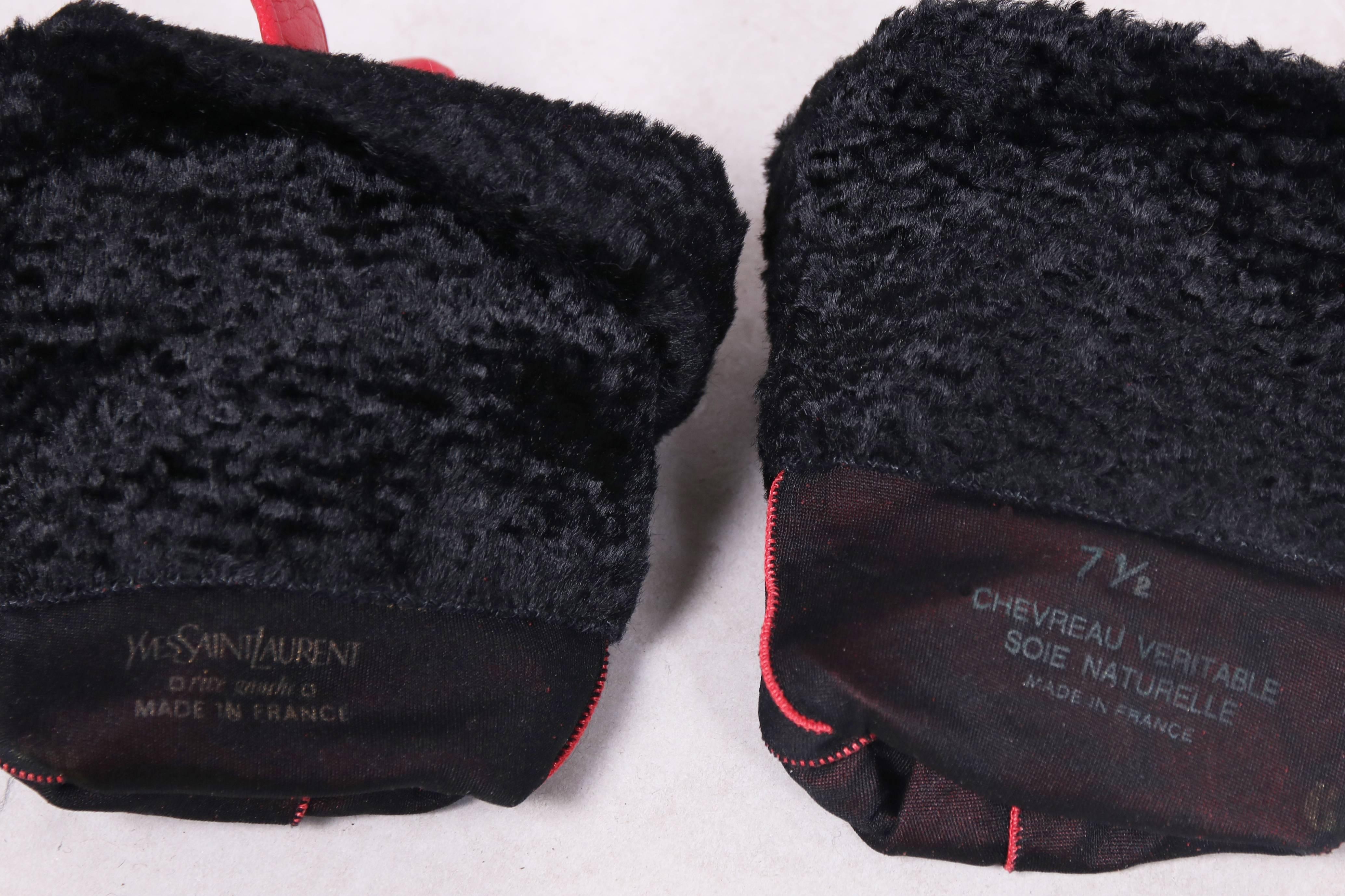 Women's Yves Saint Laurent YSL Red Leather Gloves w/Sheared Mongolian Fur Trim