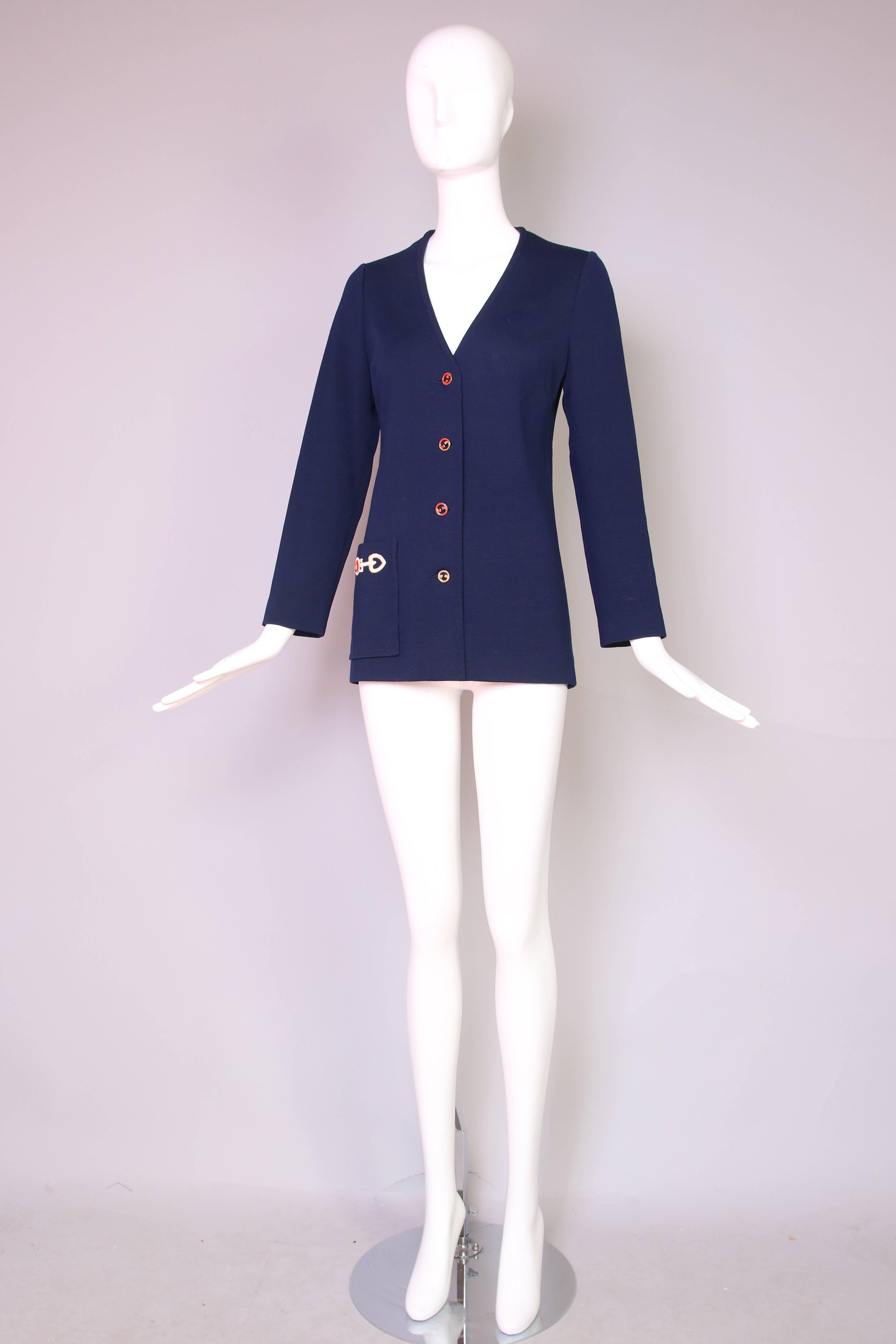 Black 1970s Gucci Navy Wool Cardigan W/Enamel GG Logo Buttons & Woven Design on Pocket