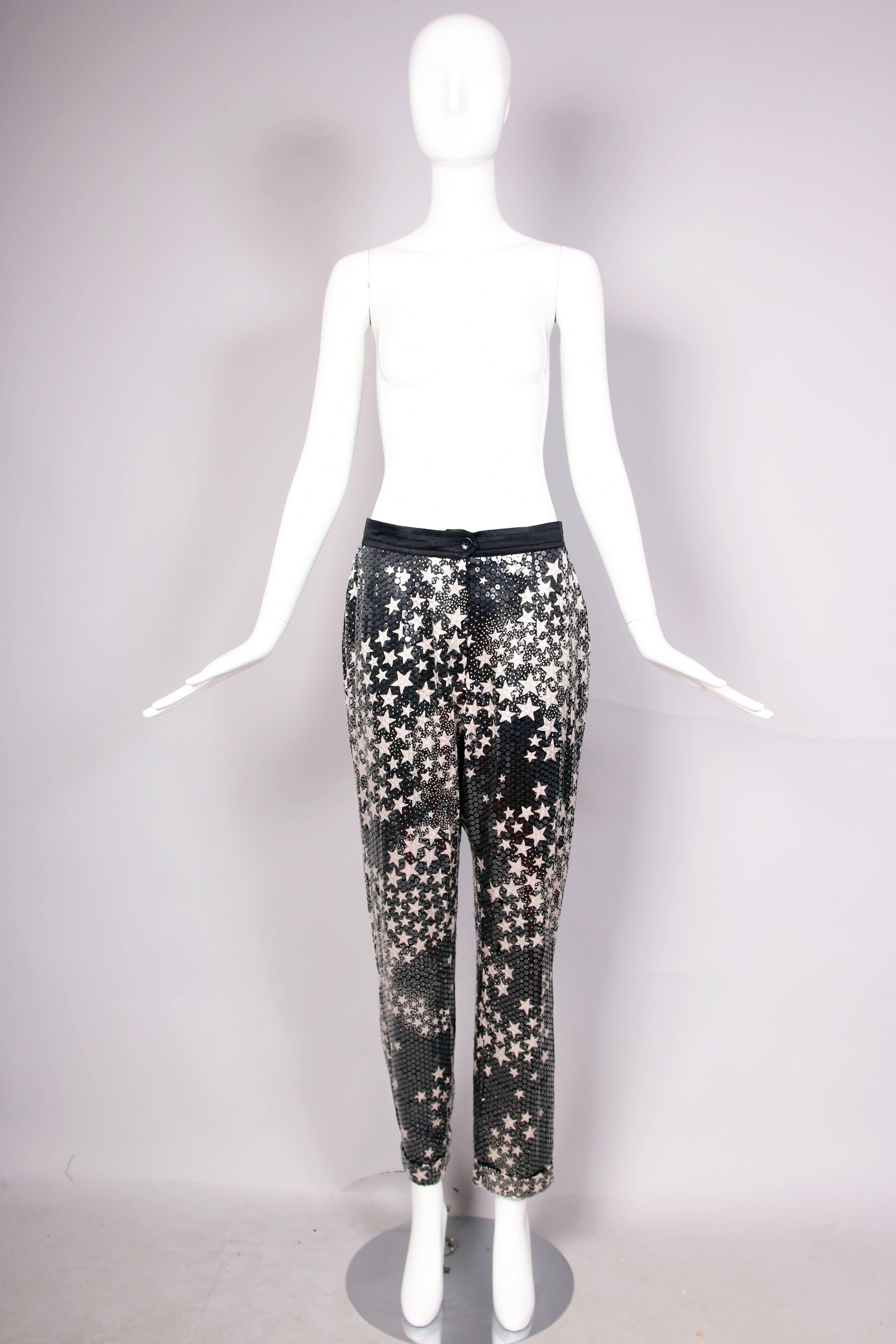 Black Sequin Silk Pants W/White Star Print In Excellent Condition In Studio City, CA