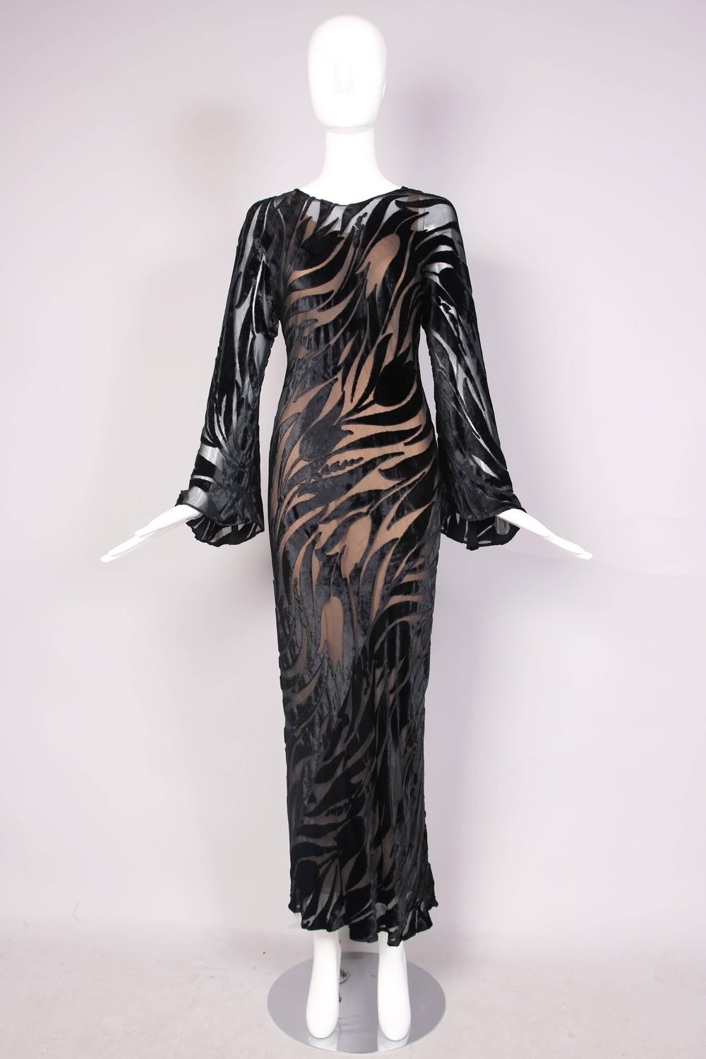 1974 Halston Documented Black Silk Velvet Burnout Evening Gown For Sale