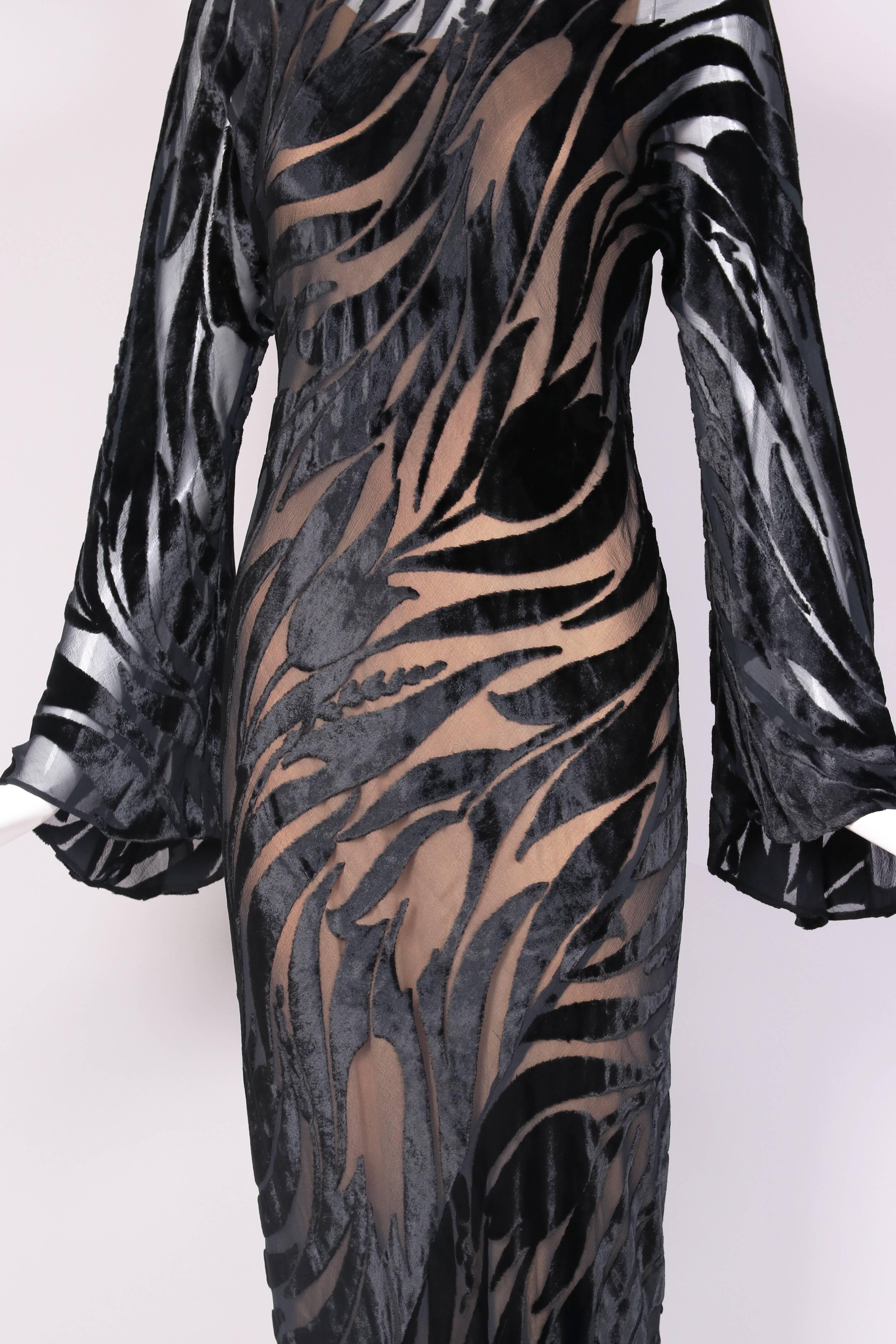 1974 Halston Documented Black Silk Velvet Burnout Evening Gown In Excellent Condition In Studio City, CA