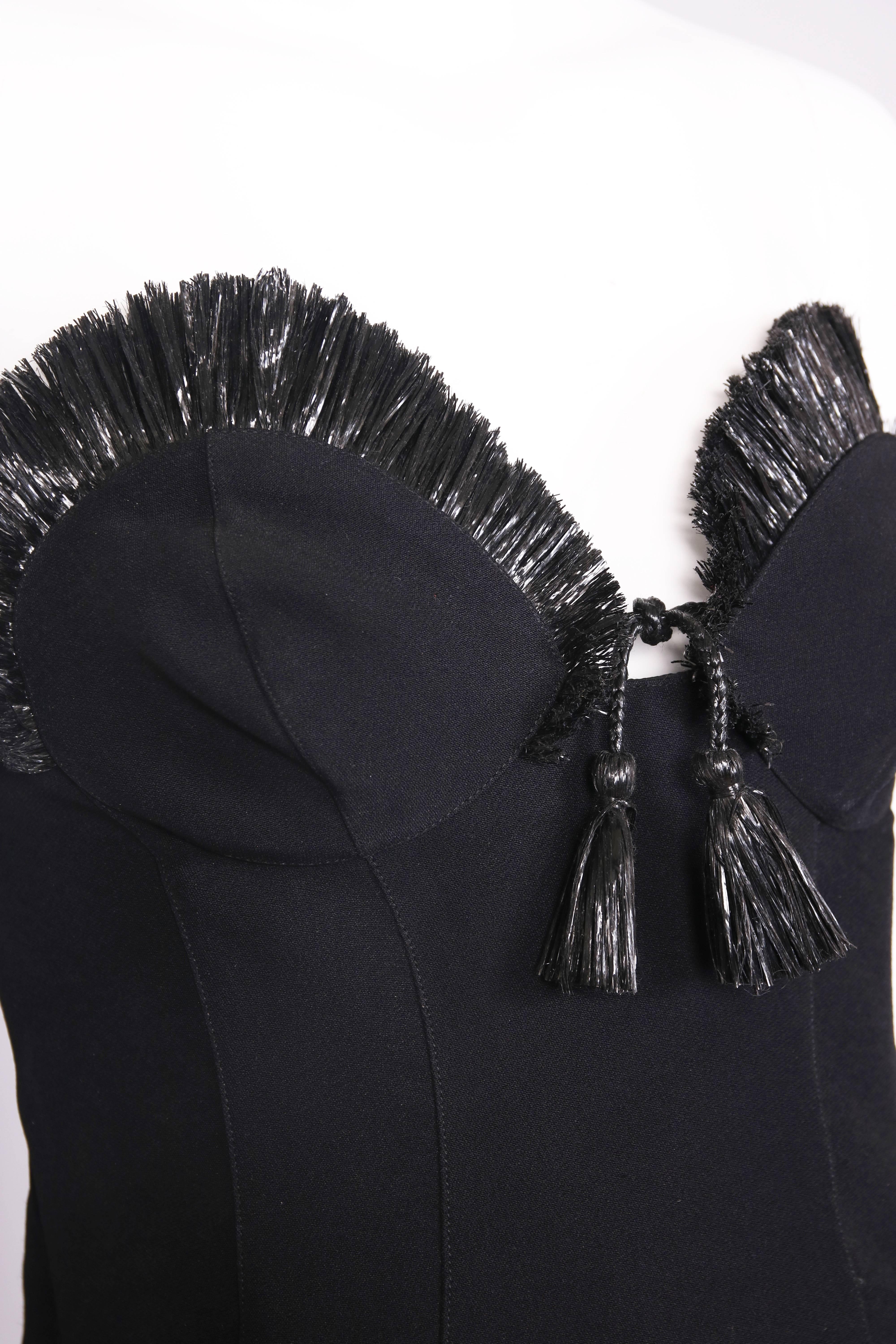 Women's Iconic Thierry Mugler Black Structured Strapless Cocktail Dress w/Raffia Trim