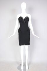 Iconic Thierry Mugler Black Structured Strapless Cocktail Dress w/Raffia Trim