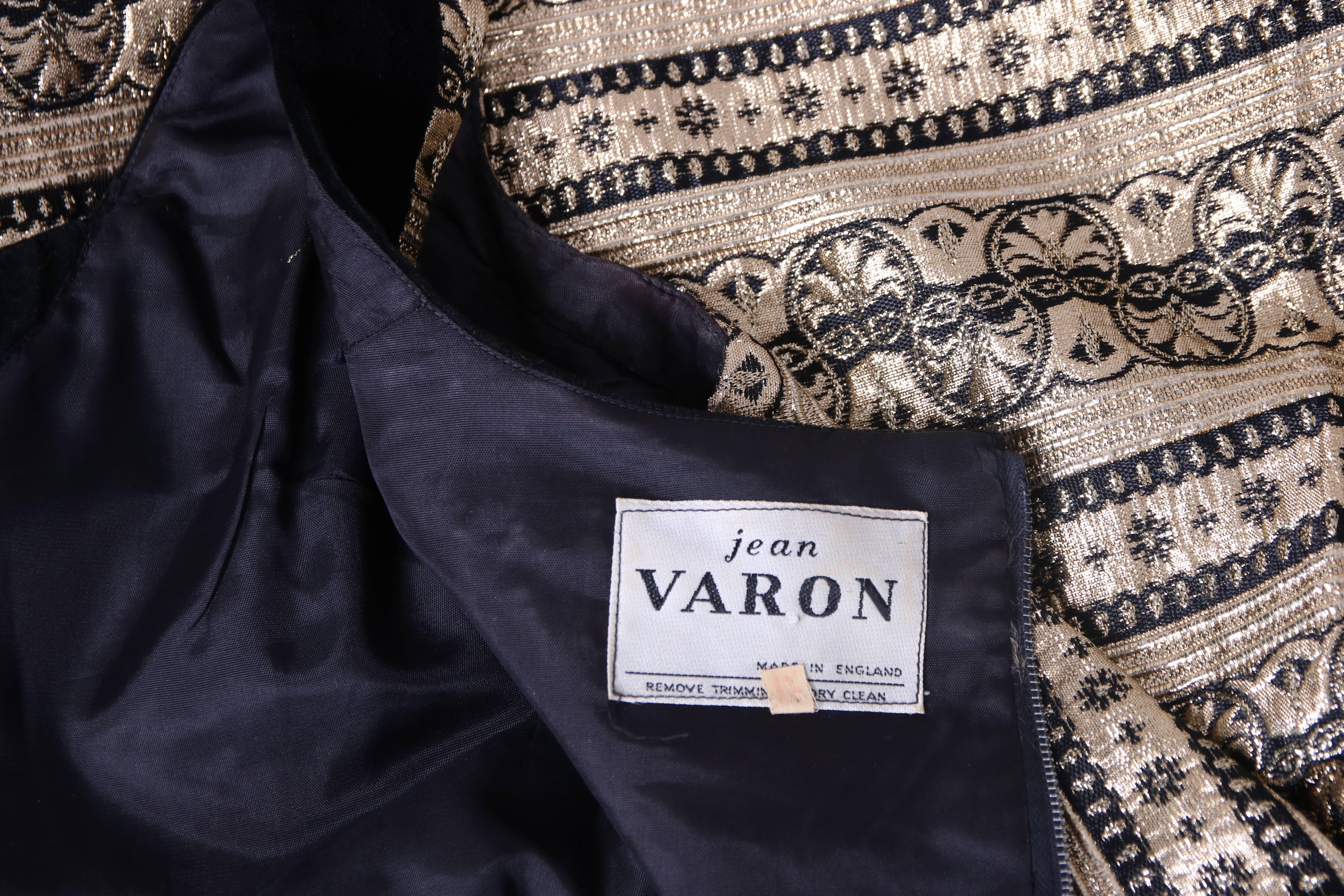 1970's Jean Varon Gold & Black Brocade Evening Gown w/Velvet Trim In Excellent Condition For Sale In Studio City, CA