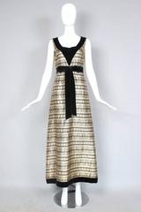 1970's Jean Varon Gold & Black Brocade Evening Gown w/Velvet Trim