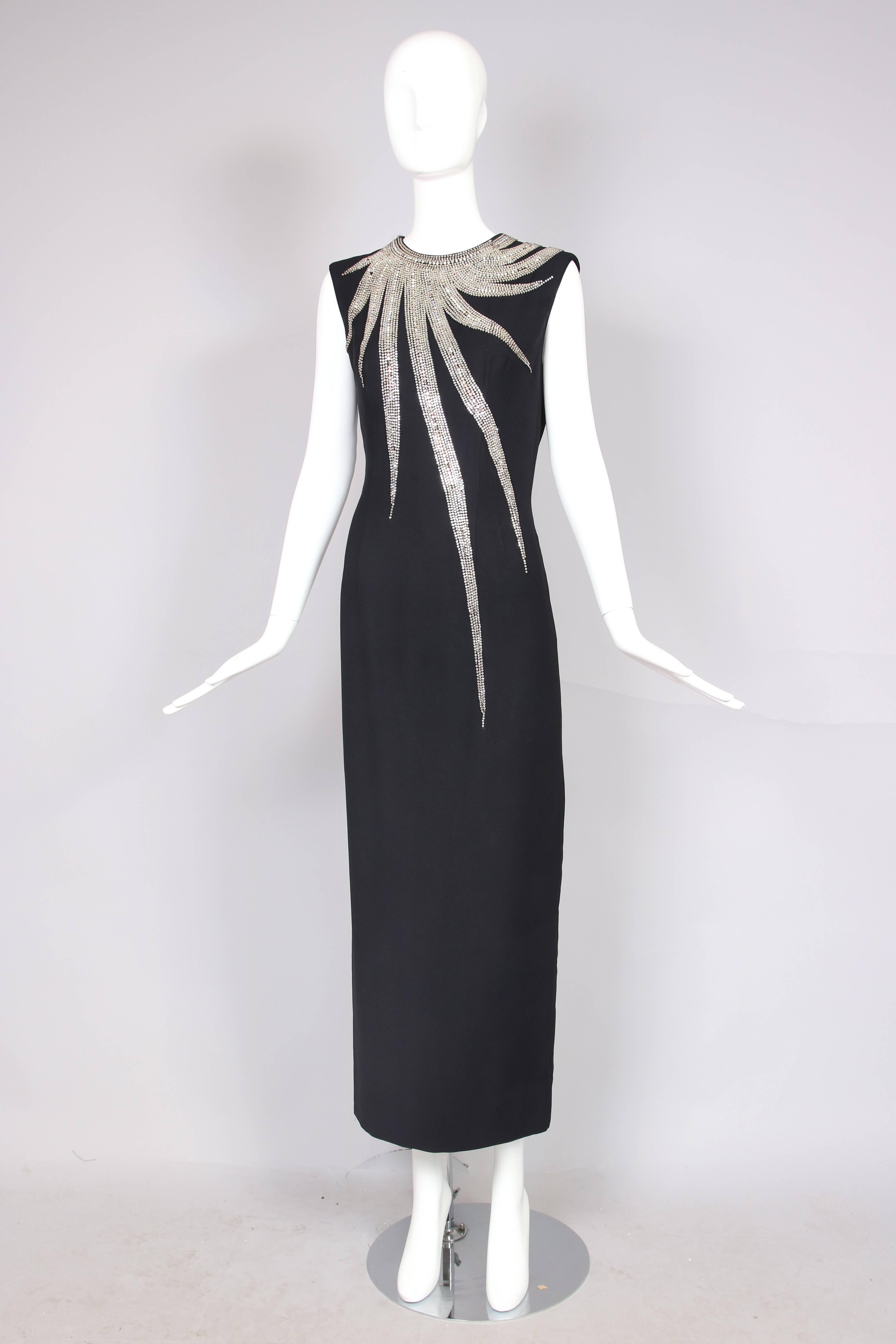 1960's Mr. Blackwell Black Sleeveless Sunburst Jeweled Evening Gown In Good Condition In Studio City, CA