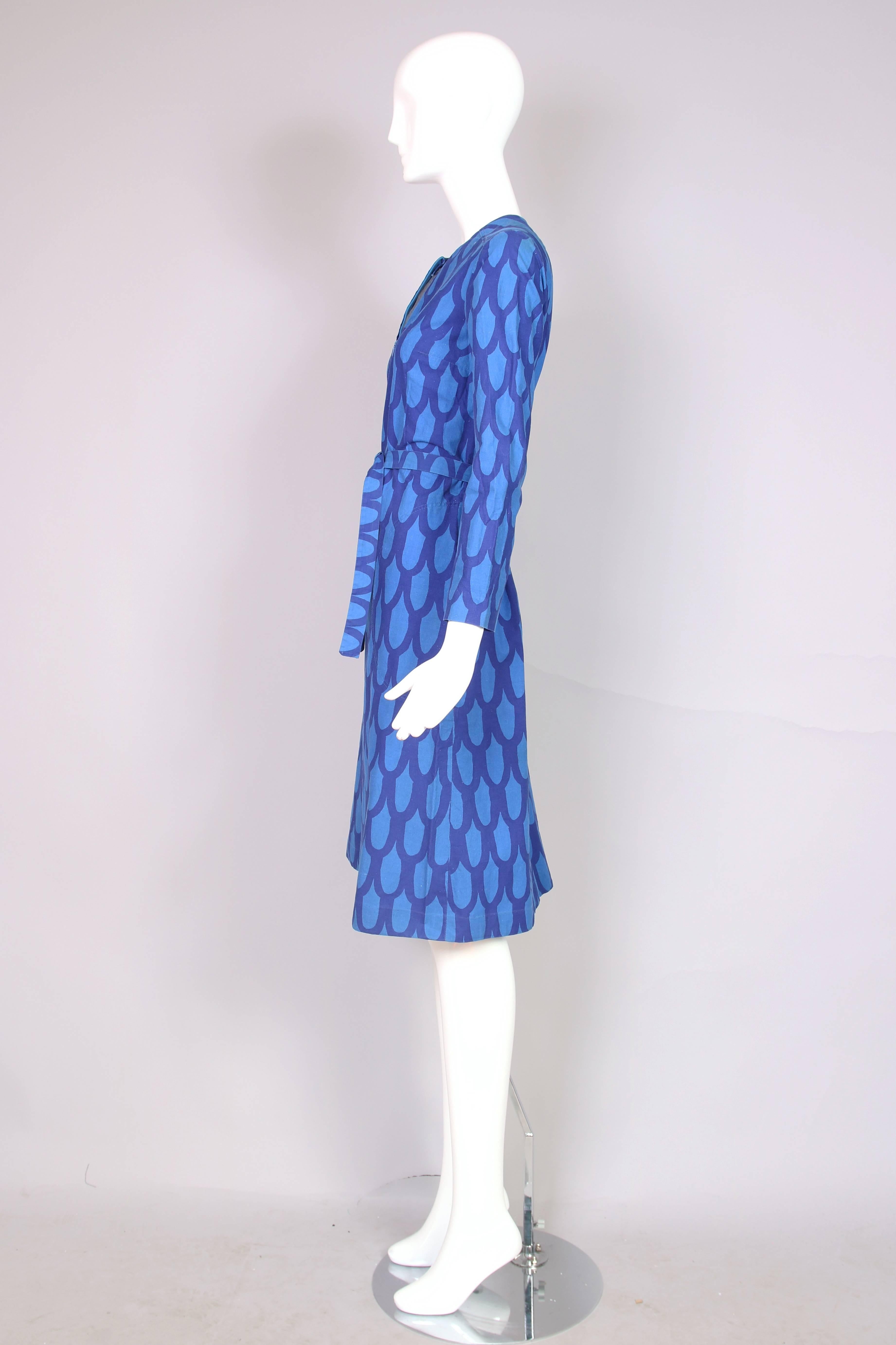 Women's 1970's Marimekko Blue Cotton Printed Shift Day Dress w/Zip Up Front & Belt
