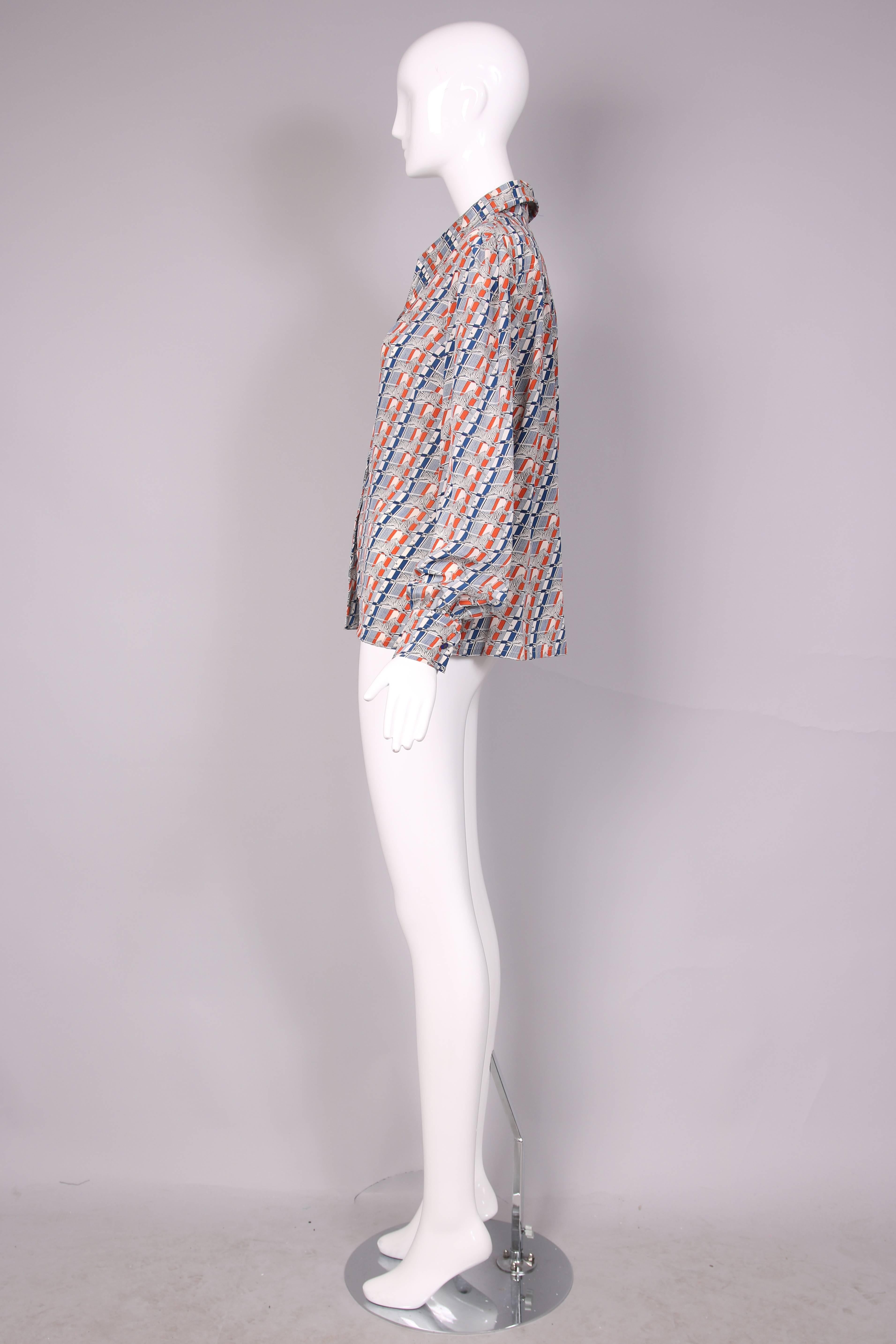 1970's Gucci Striped Silk Blouse W/Zebra Print & Matching Enamel Buttons In Excellent Condition In Studio City, CA