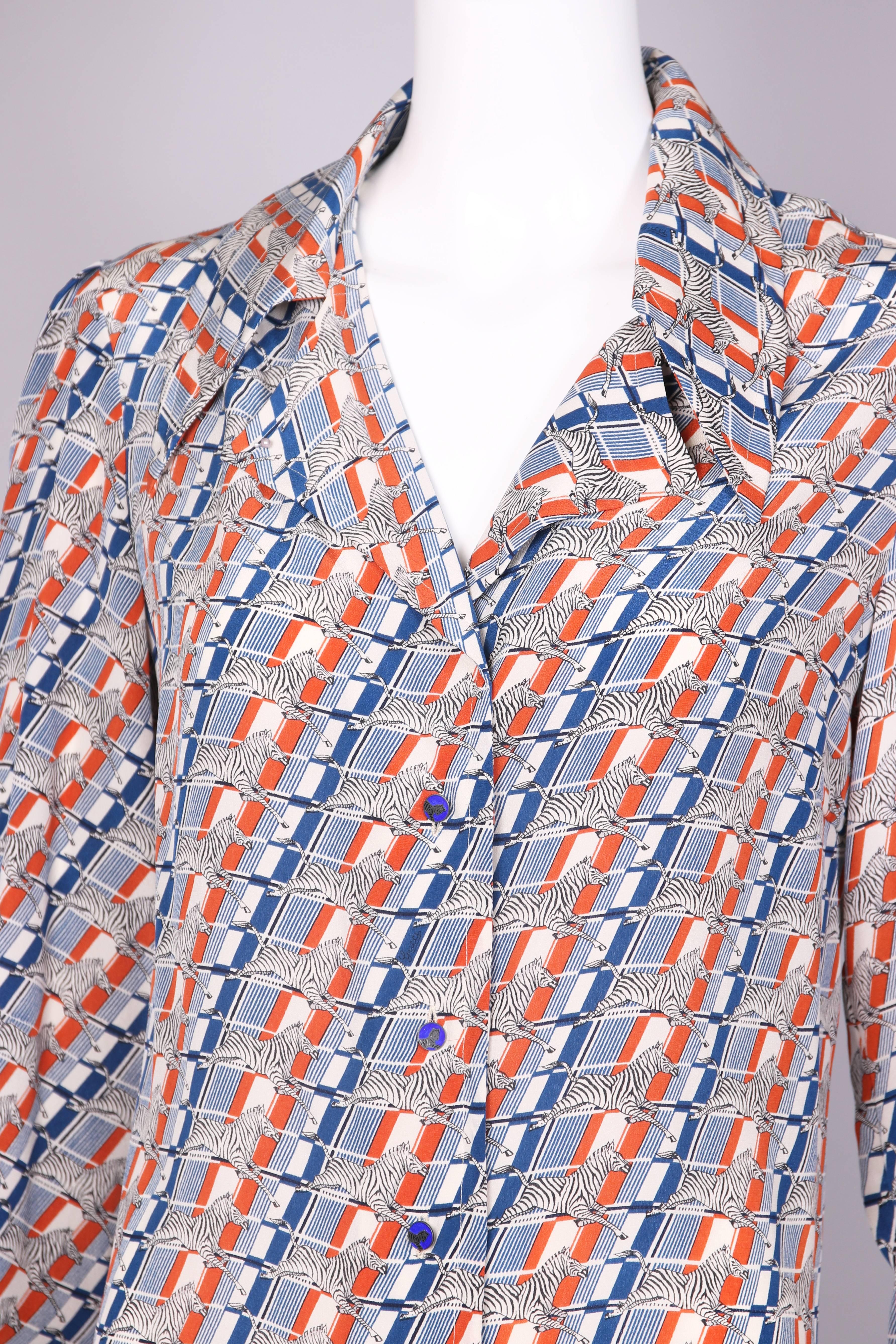 Women's 1970's Gucci Striped Silk Blouse W/Zebra Print & Matching Enamel Buttons