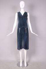 1970’s Gucci Navy Blue Suede Knee Length Jumpsuit w/Leather Trim & Buckle Motif