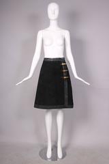 1970's Gucci Black Suede Skirt W/Leather Trim & Gold tone Buckle Fasteners