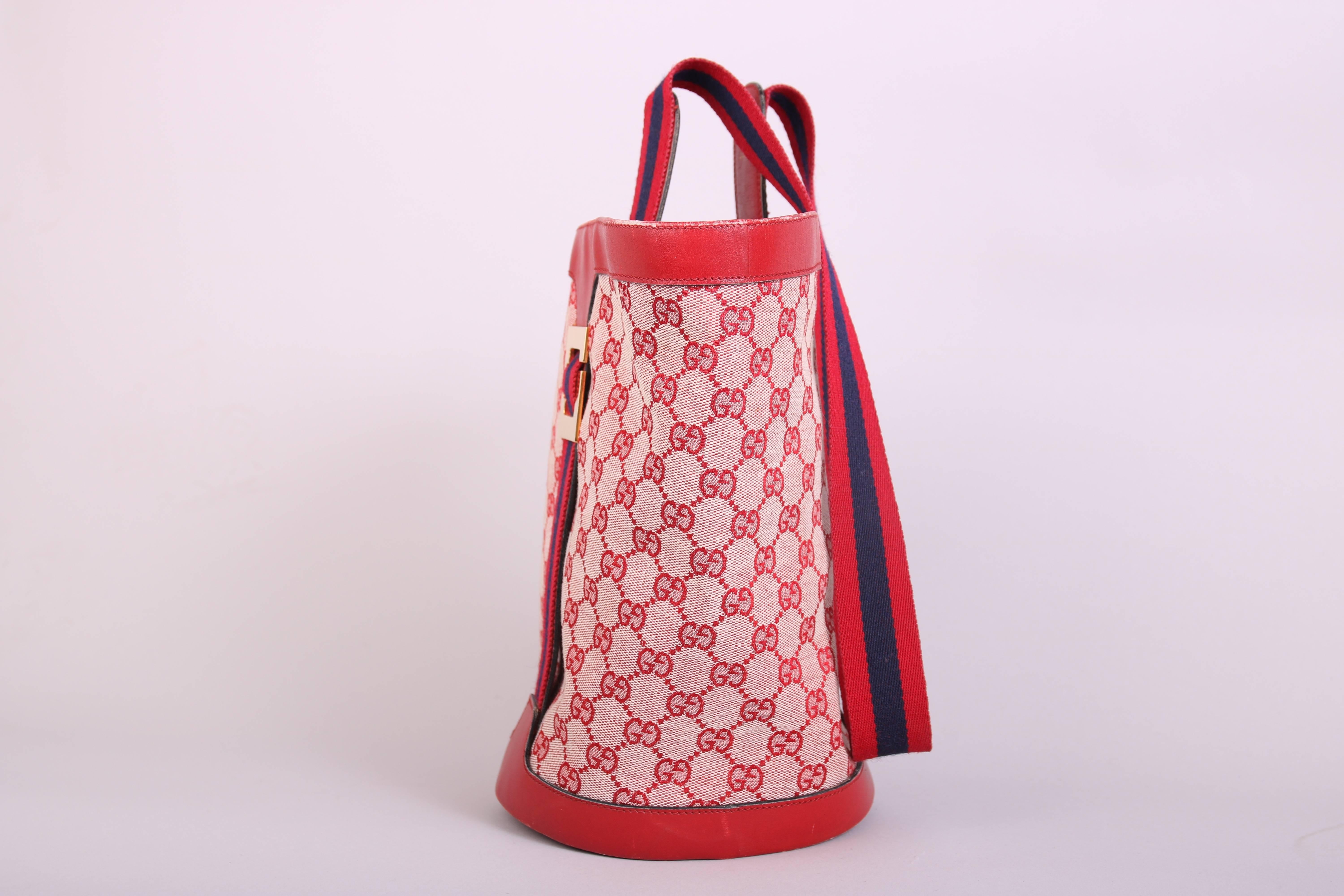 Women's 1970's Gucci Red Canvas GG Logo Bucket Bag W/Leather Trim & Racer Stripe Strap