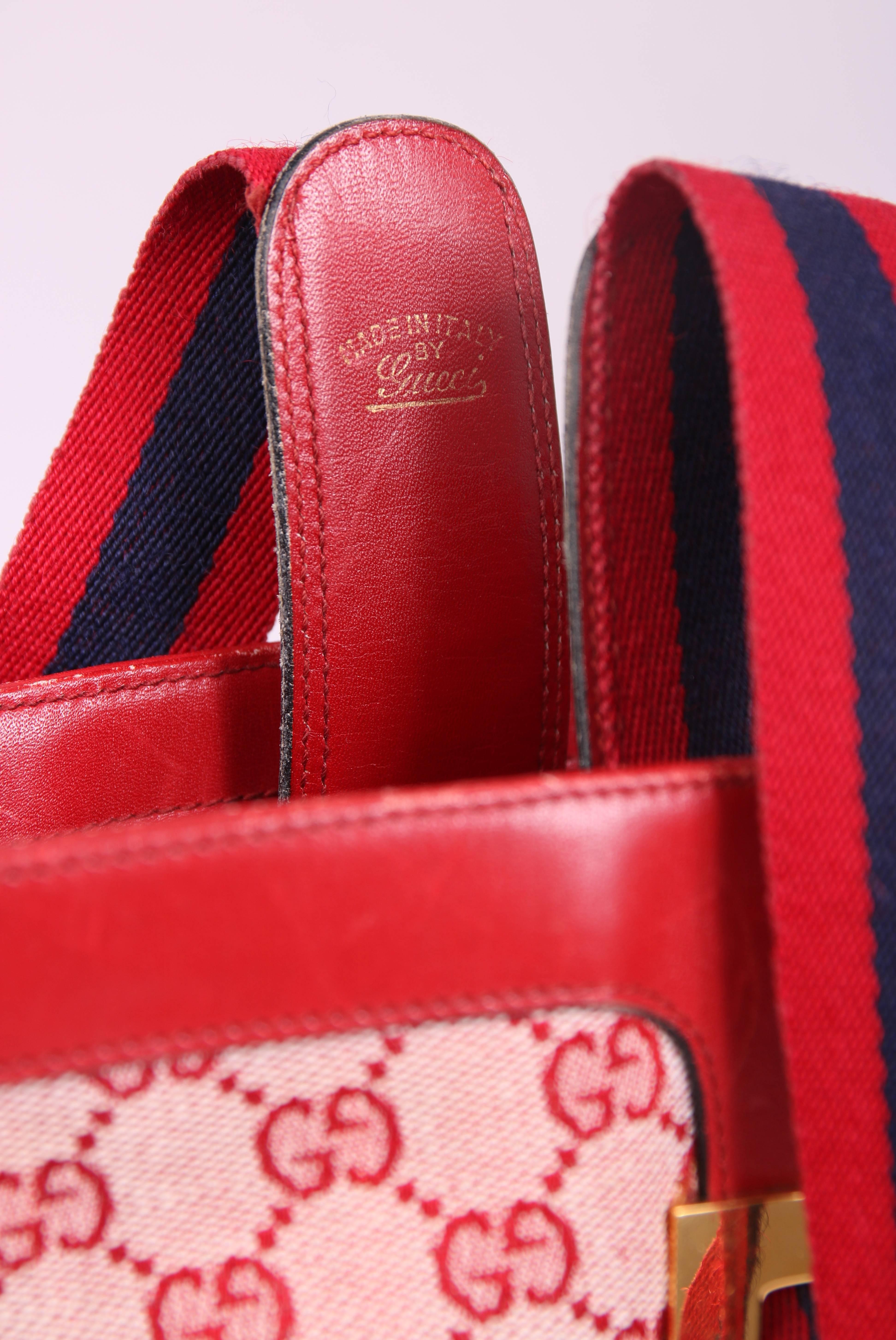 1970's Gucci Red Canvas GG Logo Bucket Bag W/Leather Trim & Racer Stripe Strap 1