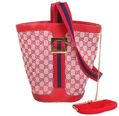 Retro 1970's Gucci Red Canvas GG Logo Bucket Bag W/Leather Trim & Racer Stripe Strap