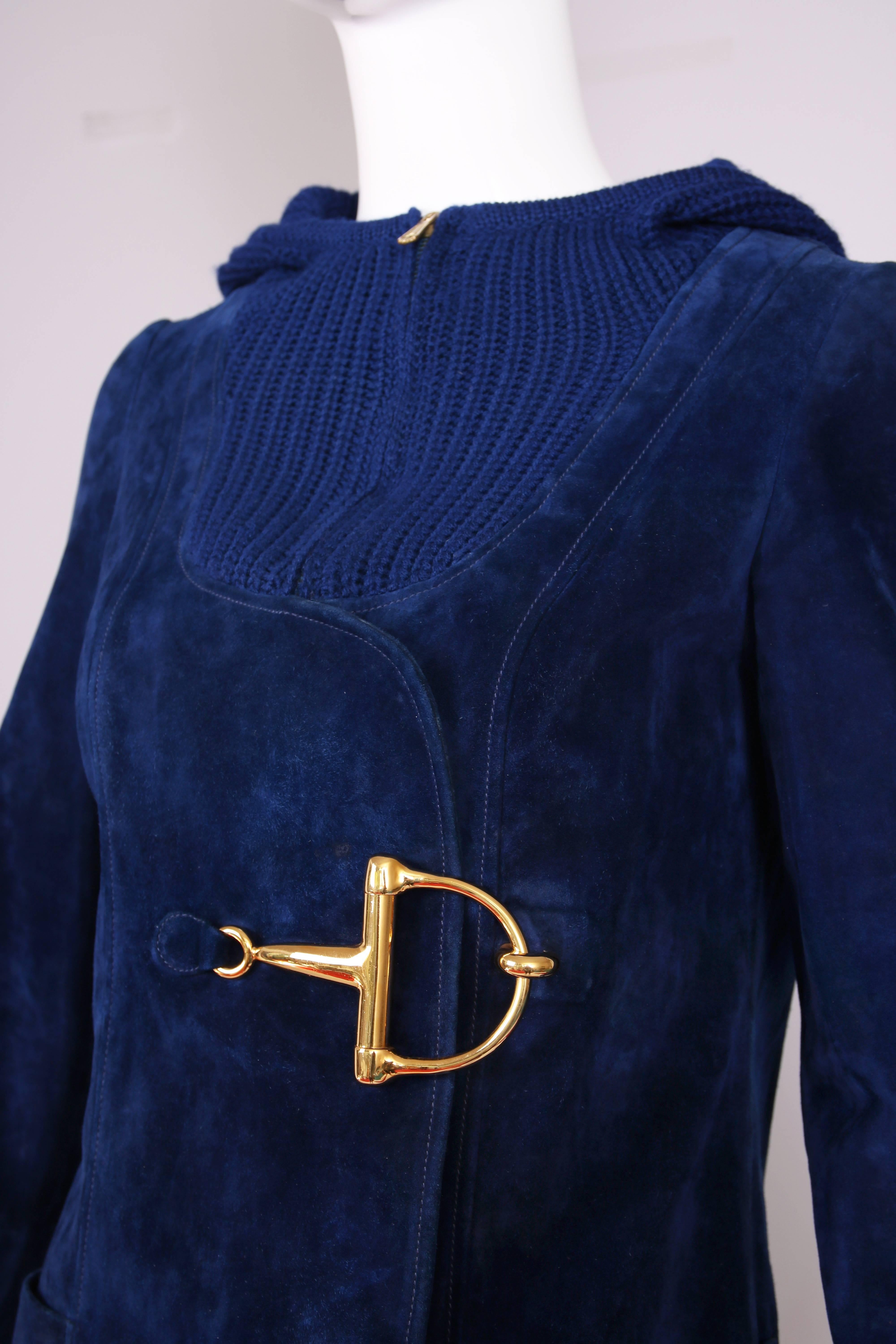 1970's Gucci Blue Suede & Knitted Wool Hooded Jacket W/Oversized Horsebit Clasp 1