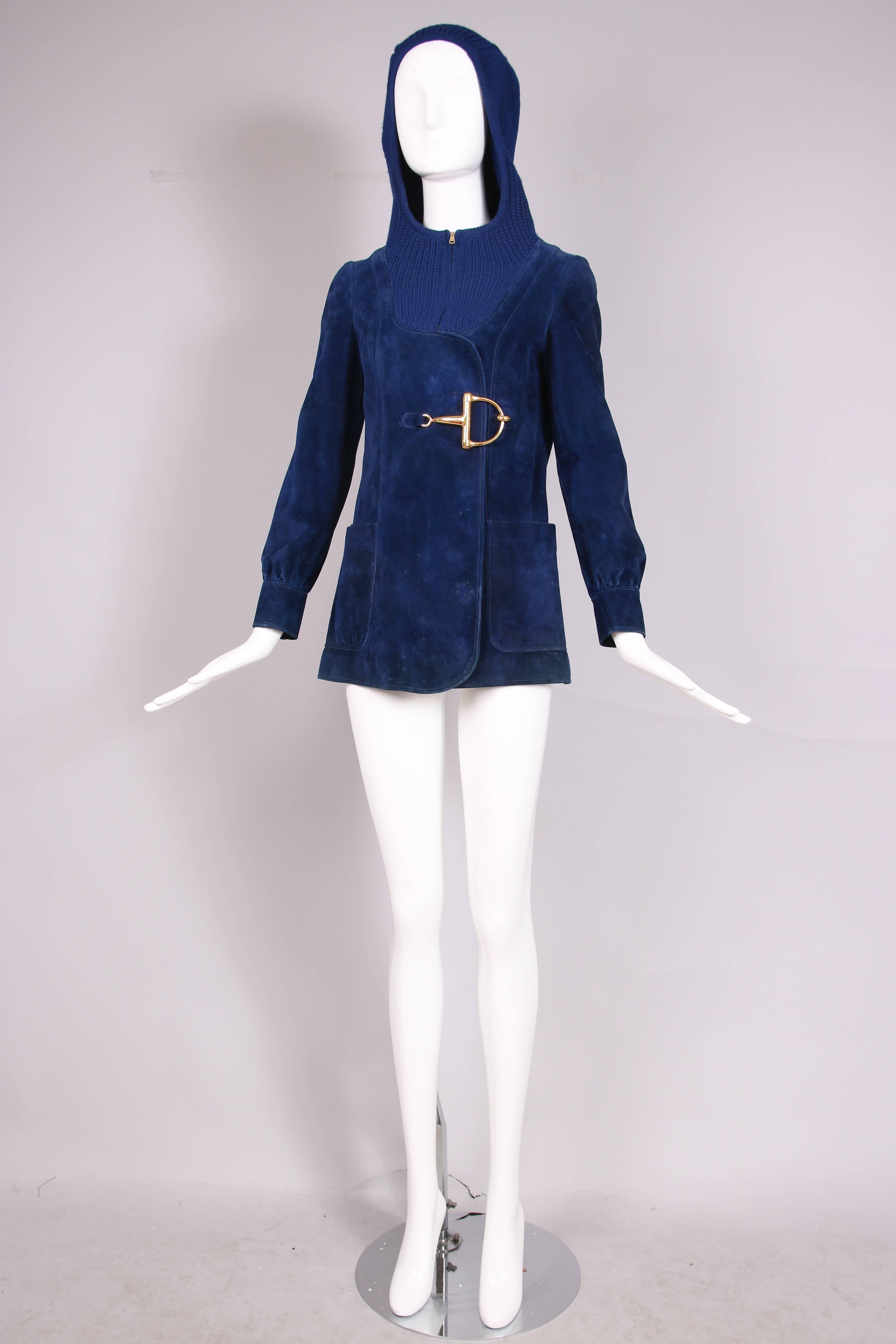 1970's Gucci Blue Suede & Knitted Wool Hooded Jacket W/Oversized Horsebit Clasp In Good Condition In Studio City, CA