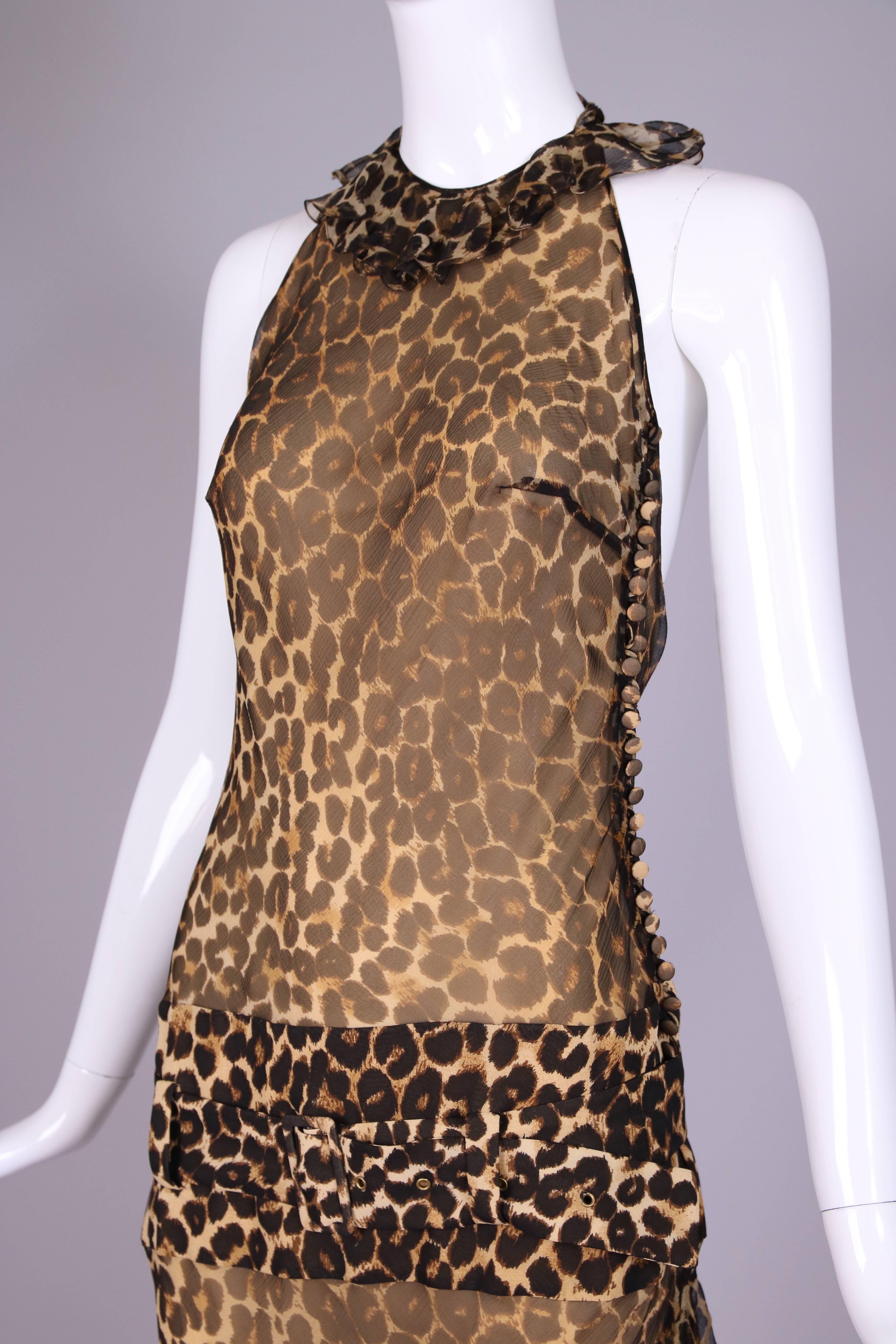 Brown 1990's John Galliano Silk Leopard Print Halter Dress W/Dropped Waist  & Belt