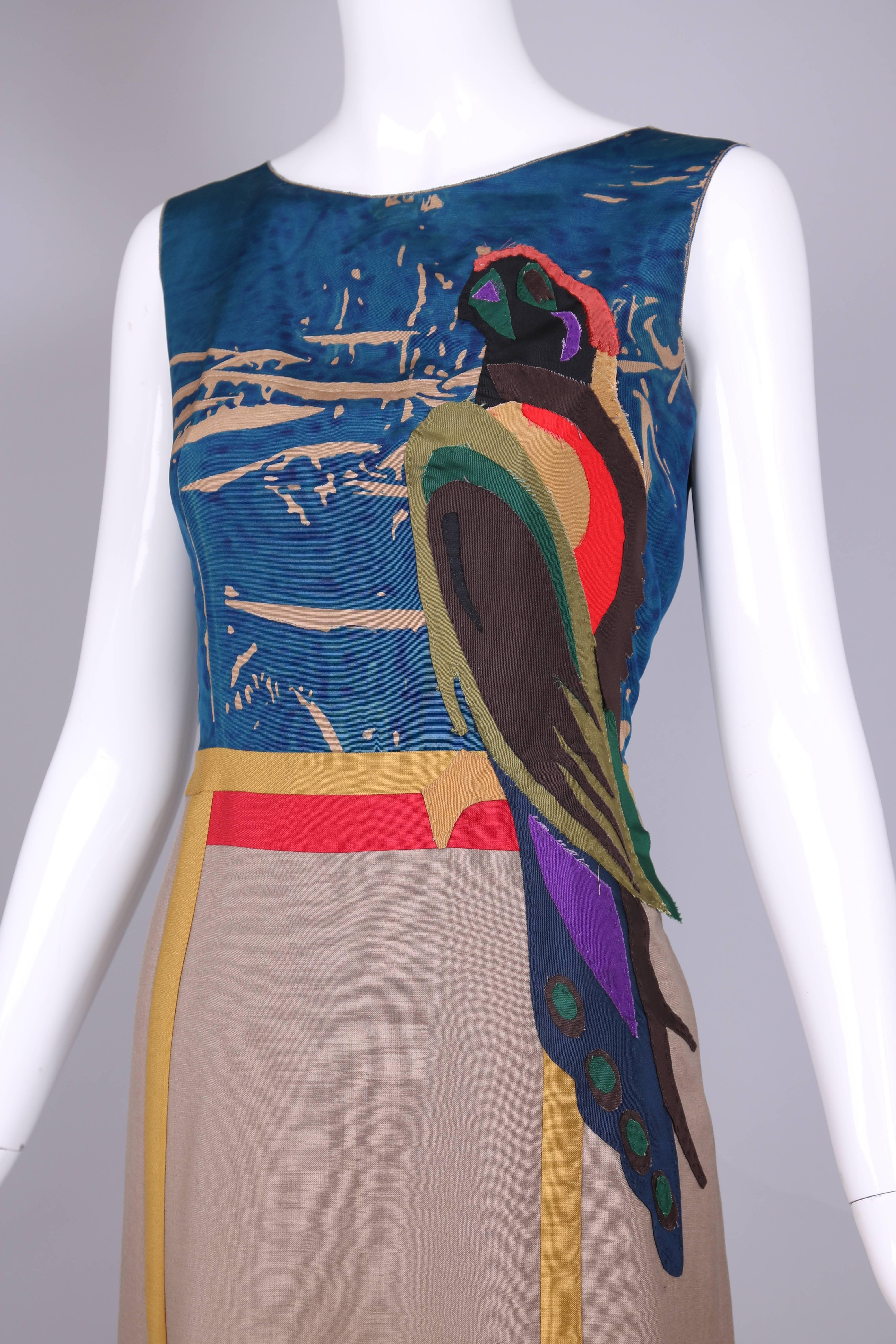 2005 Prada Sleeveless Day Dress W/Appliqued Parrot Motif In Excellent Condition In Studio City, CA