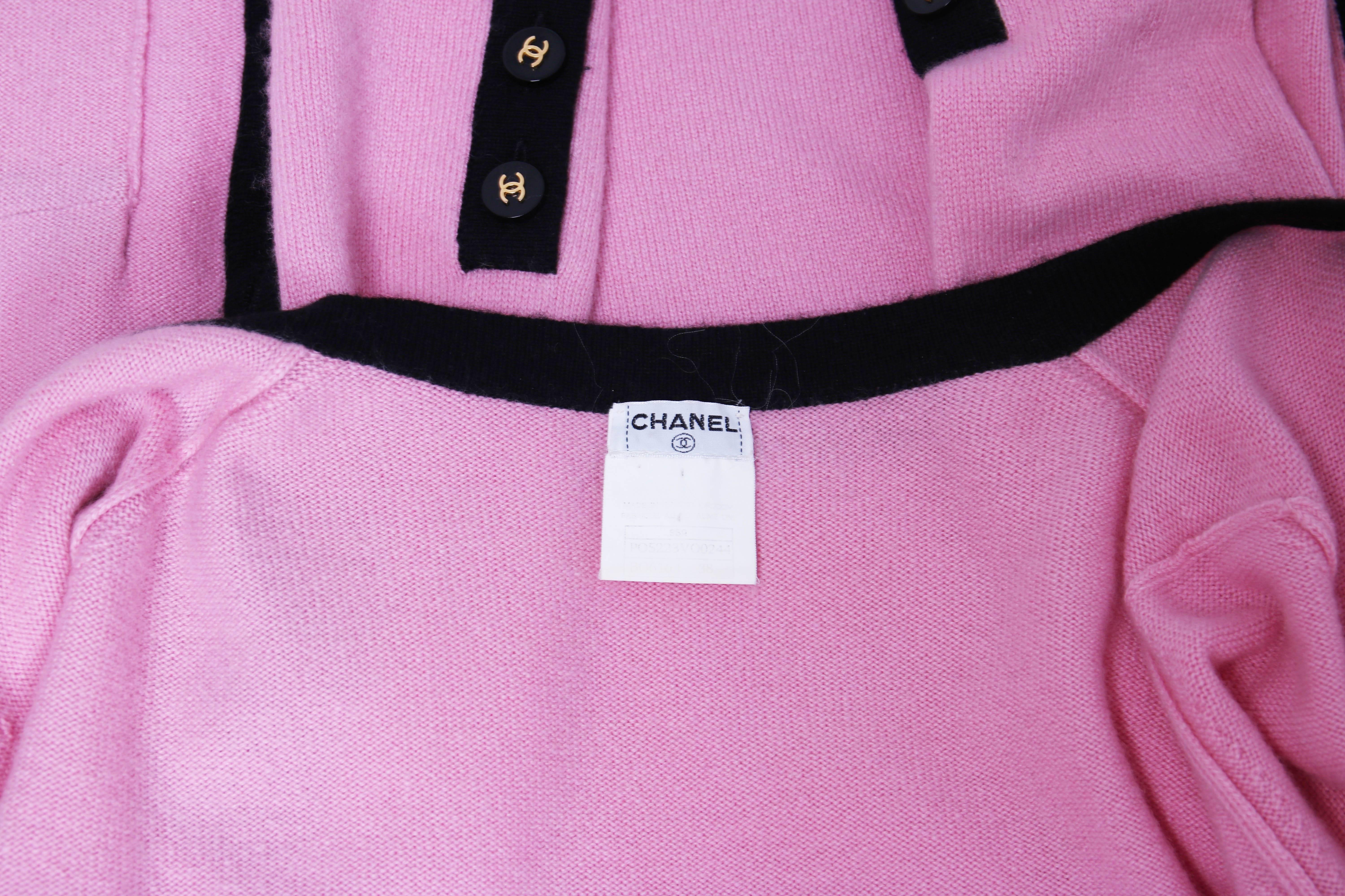 Women's 1995 Chanel Pink Cashmere Cardigan Sweater W/Chanel Logo Buttons & Black Trim