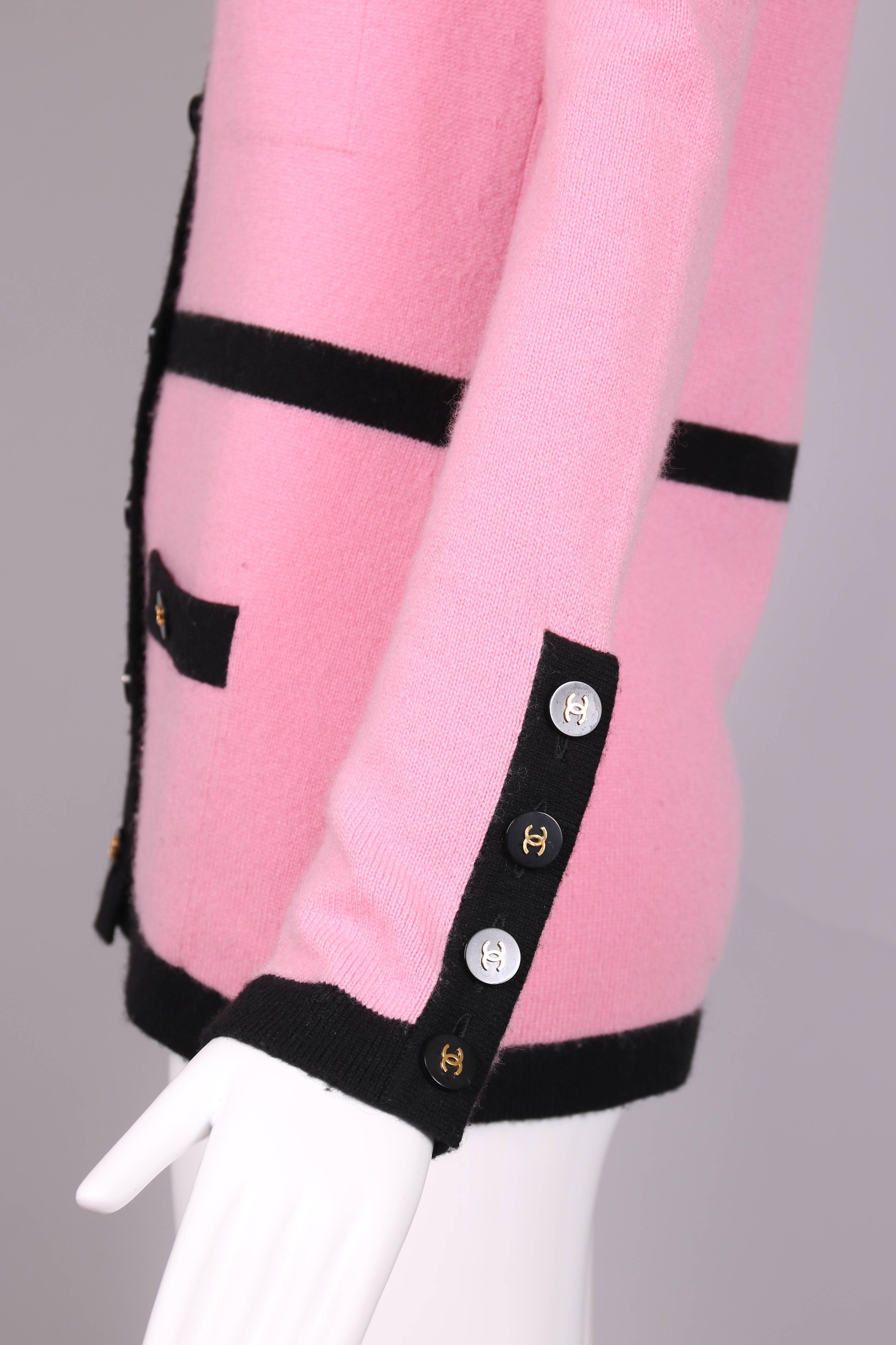 1995 Chanel Pink Cashmere Cardigan Sweater W/Chanel Logo Buttons & Black Trim In Excellent Condition In Studio City, CA