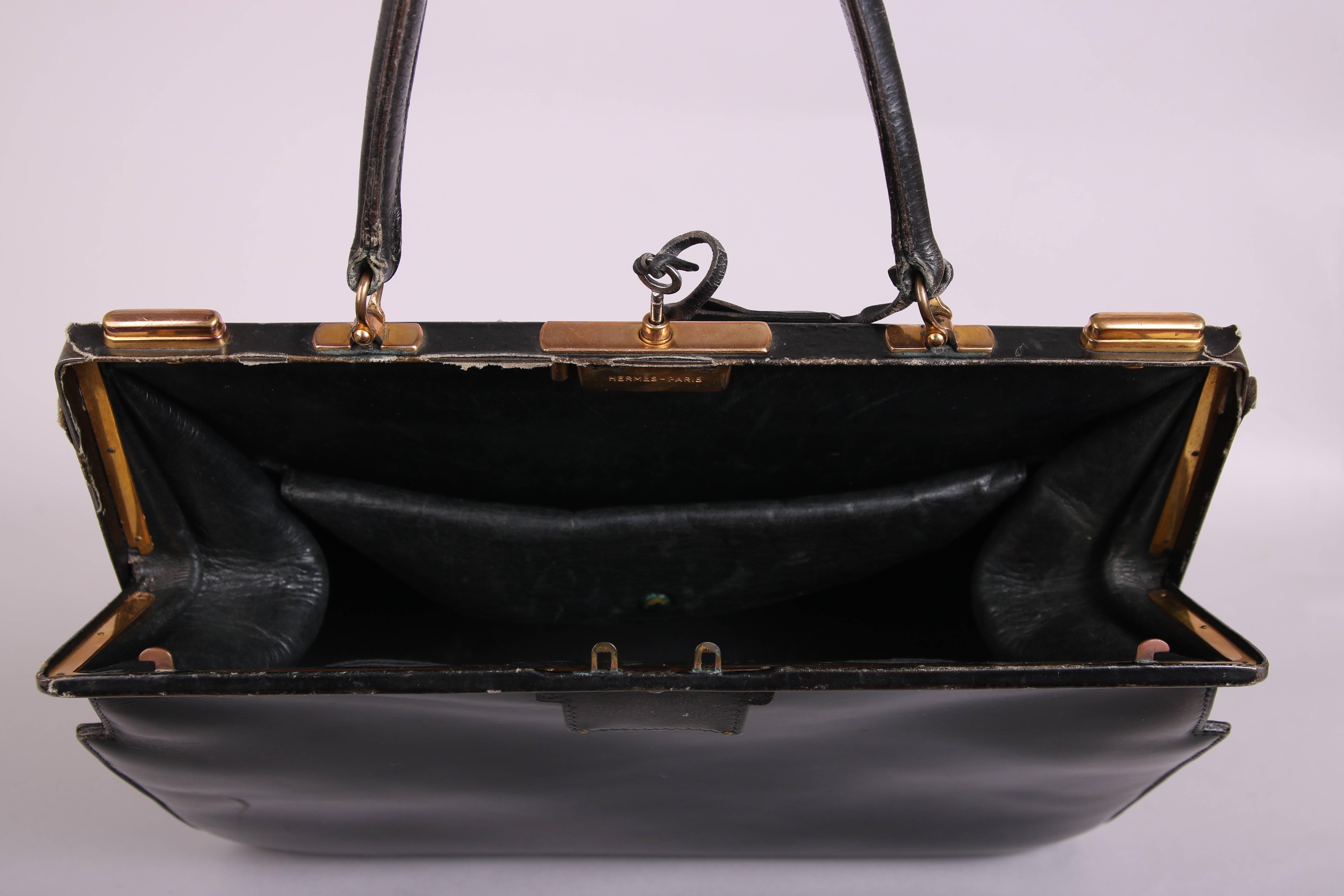 Vintage Hermes Black Leather Top Handle Handbag W/Lock & Key In Good Condition For Sale In Studio City, CA