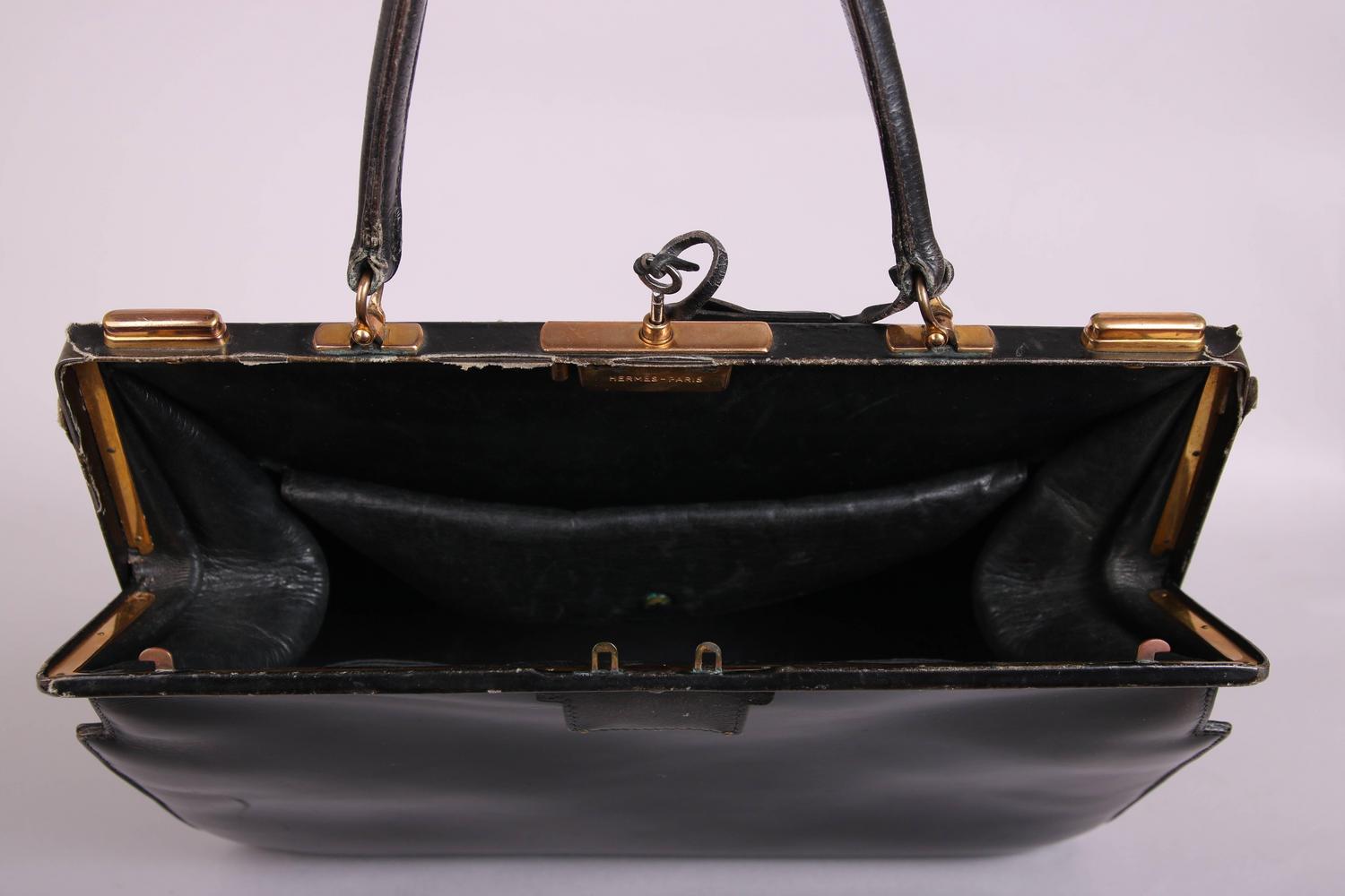 Vintage Hermes Black Leather Top Handle Handbag W/Lock and Key For Sale at 1stdibs