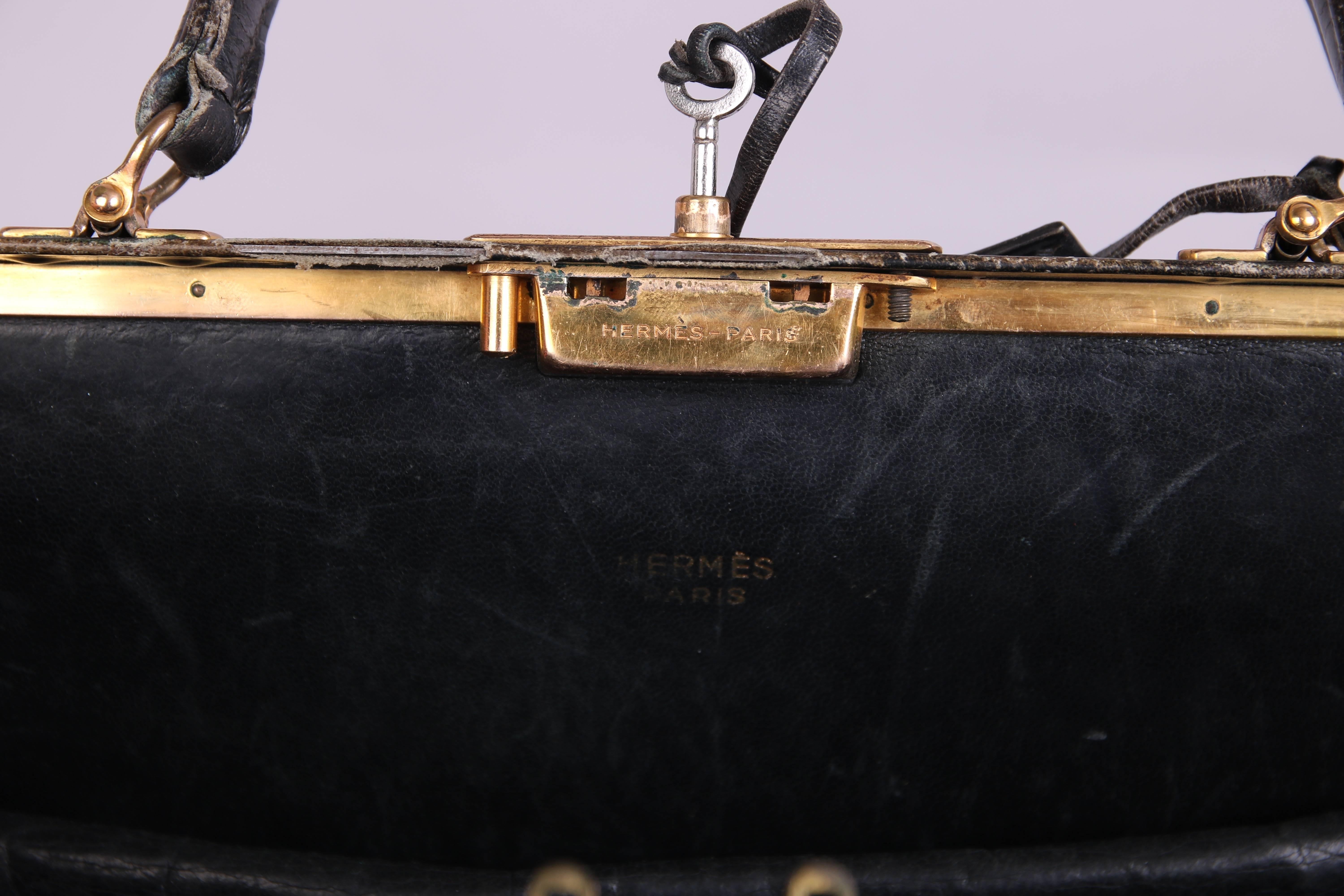 Women's Vintage Hermes Black Leather Top Handle Handbag W/Lock & Key For Sale