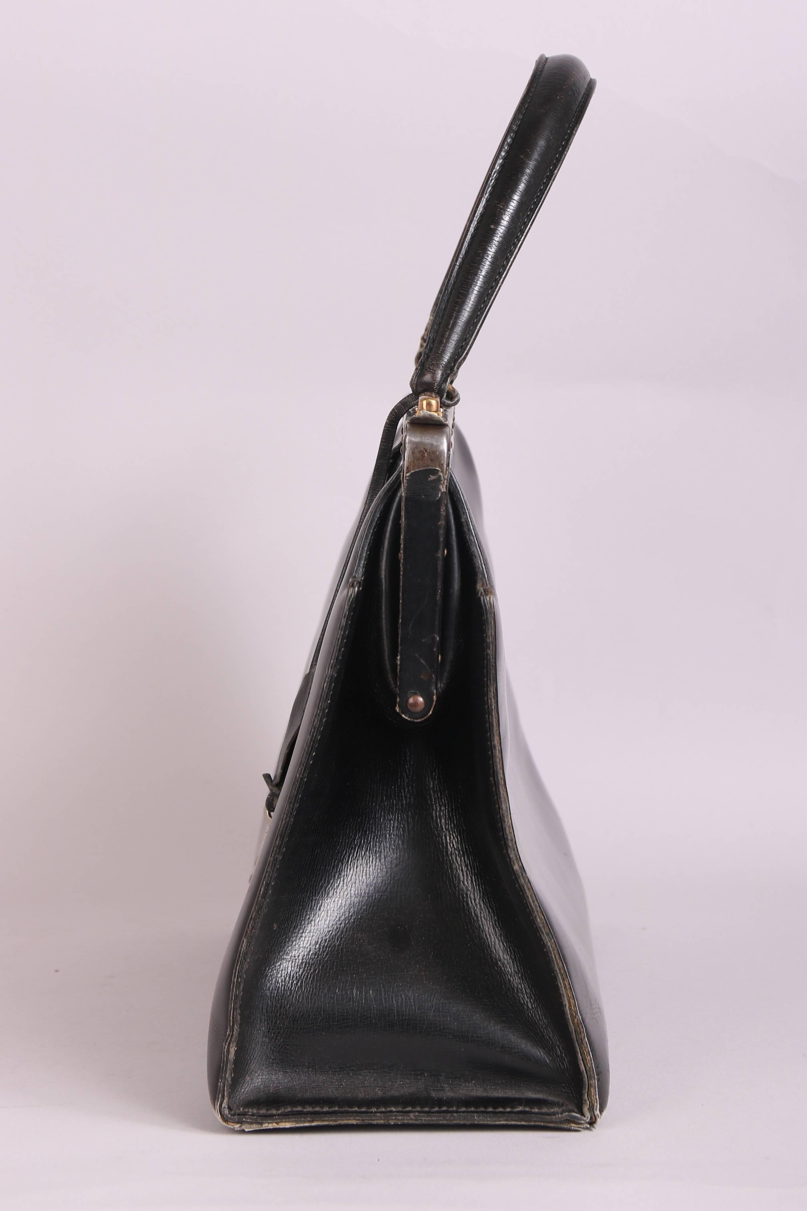 Vintage Hermes Black Leather Top Handle Handbag W/Lock and Key For Sale ...
