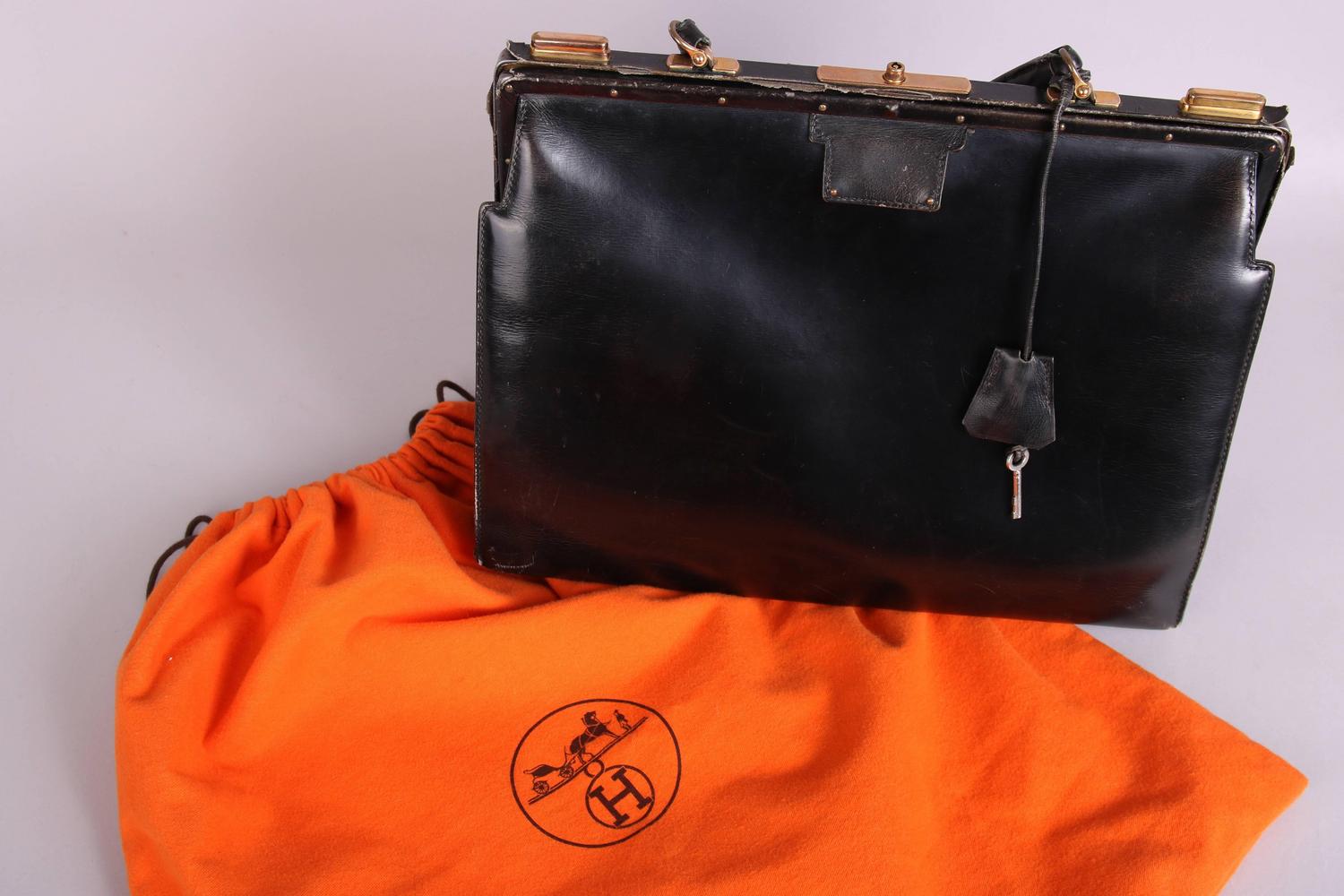 Vintage Hermes Black Leather Top Handle Handbag W/Lock and Key For Sale