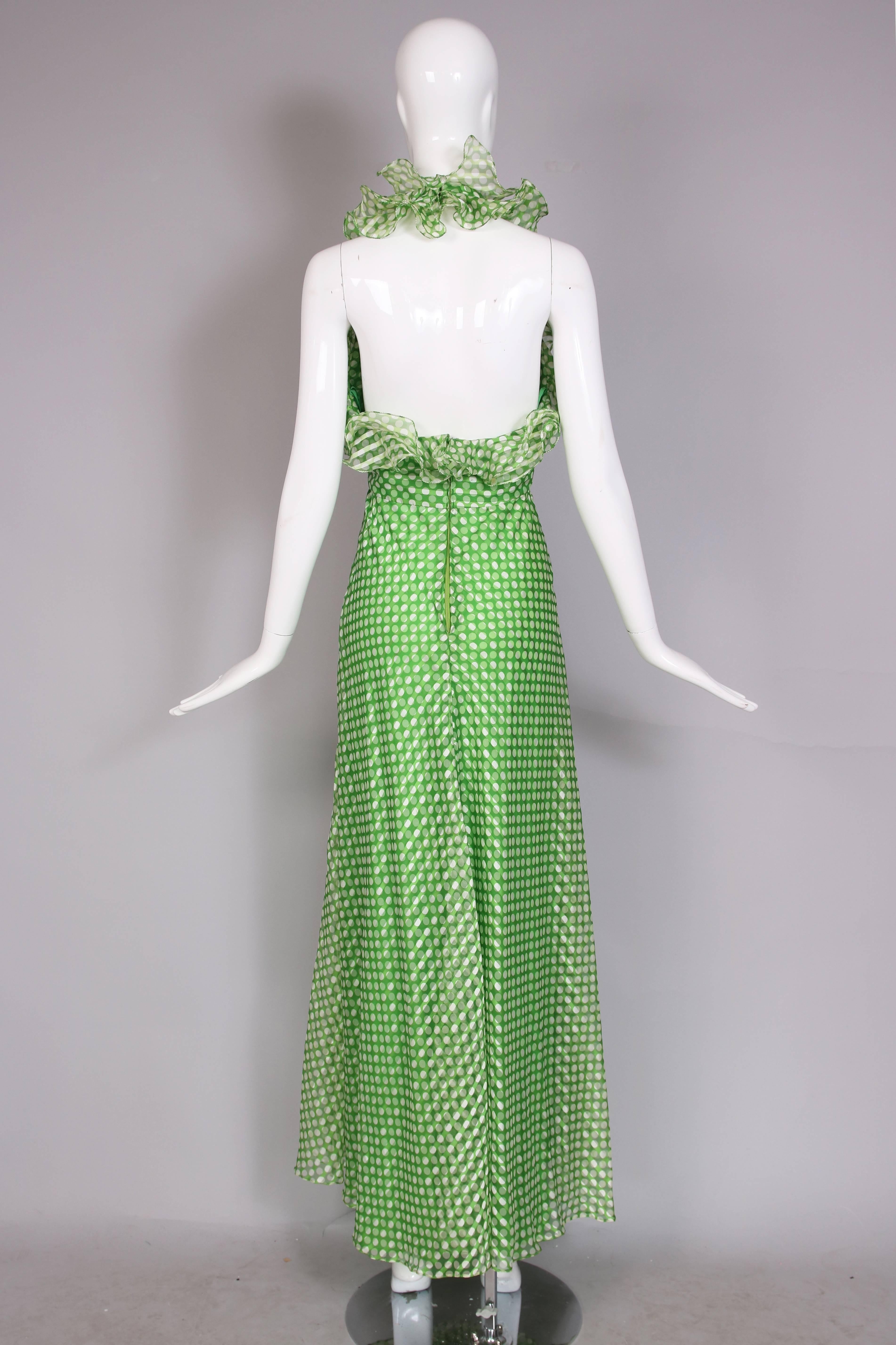 1970's Geoffrey Beene Green Polka Dot Halter Neck Maxi Dress W/Ruffle Trim In Excellent Condition In Studio City, CA