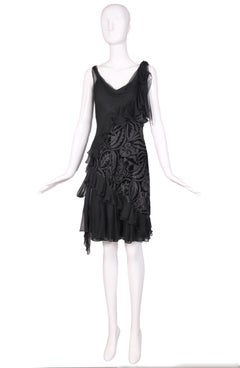 Vintage John Galliano Black Silk & Velvet Bias Cut Cocktail Dress
