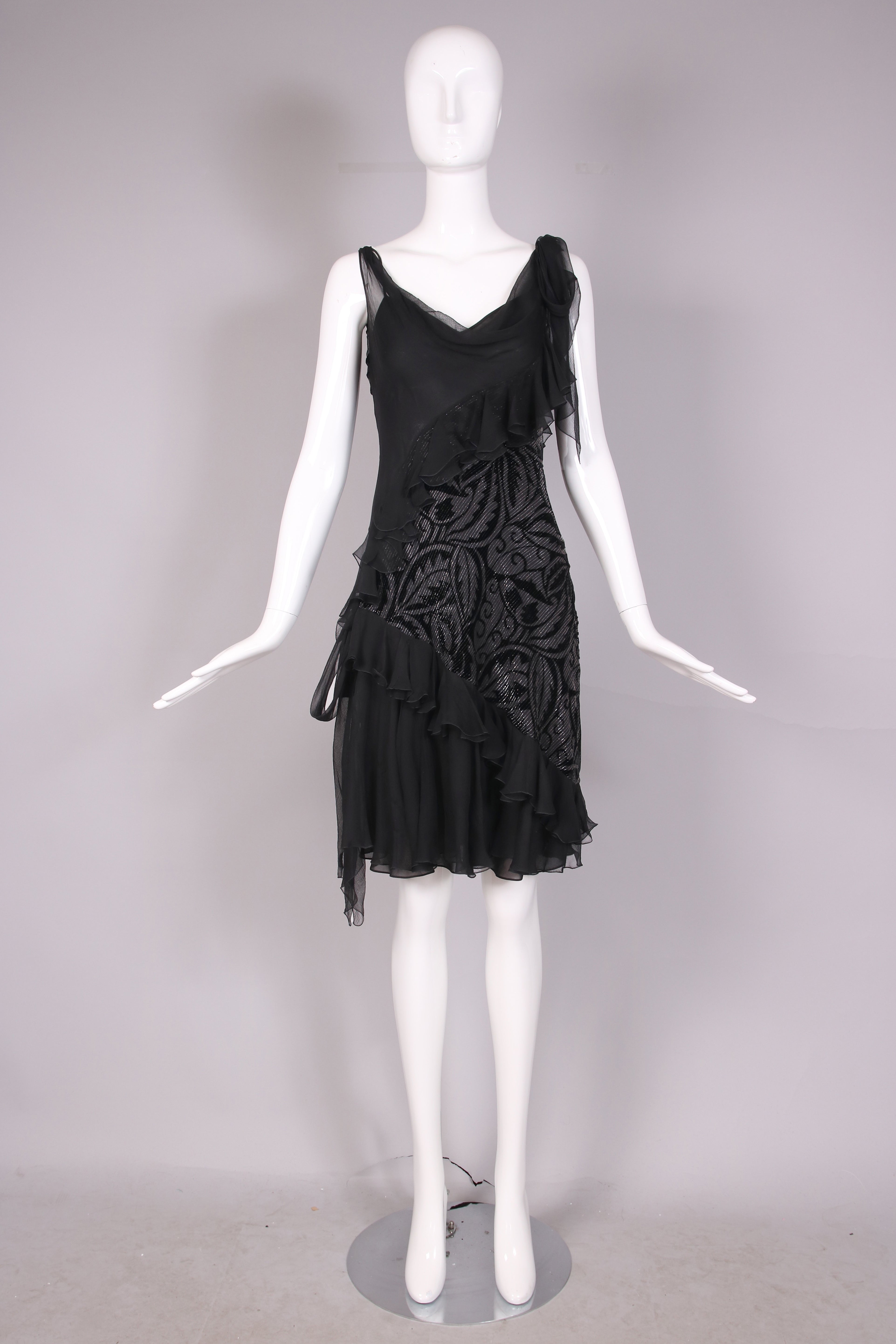 Vintage John Galliano Black Silk & Velvet Bias Cut Cocktail Dress  For Sale