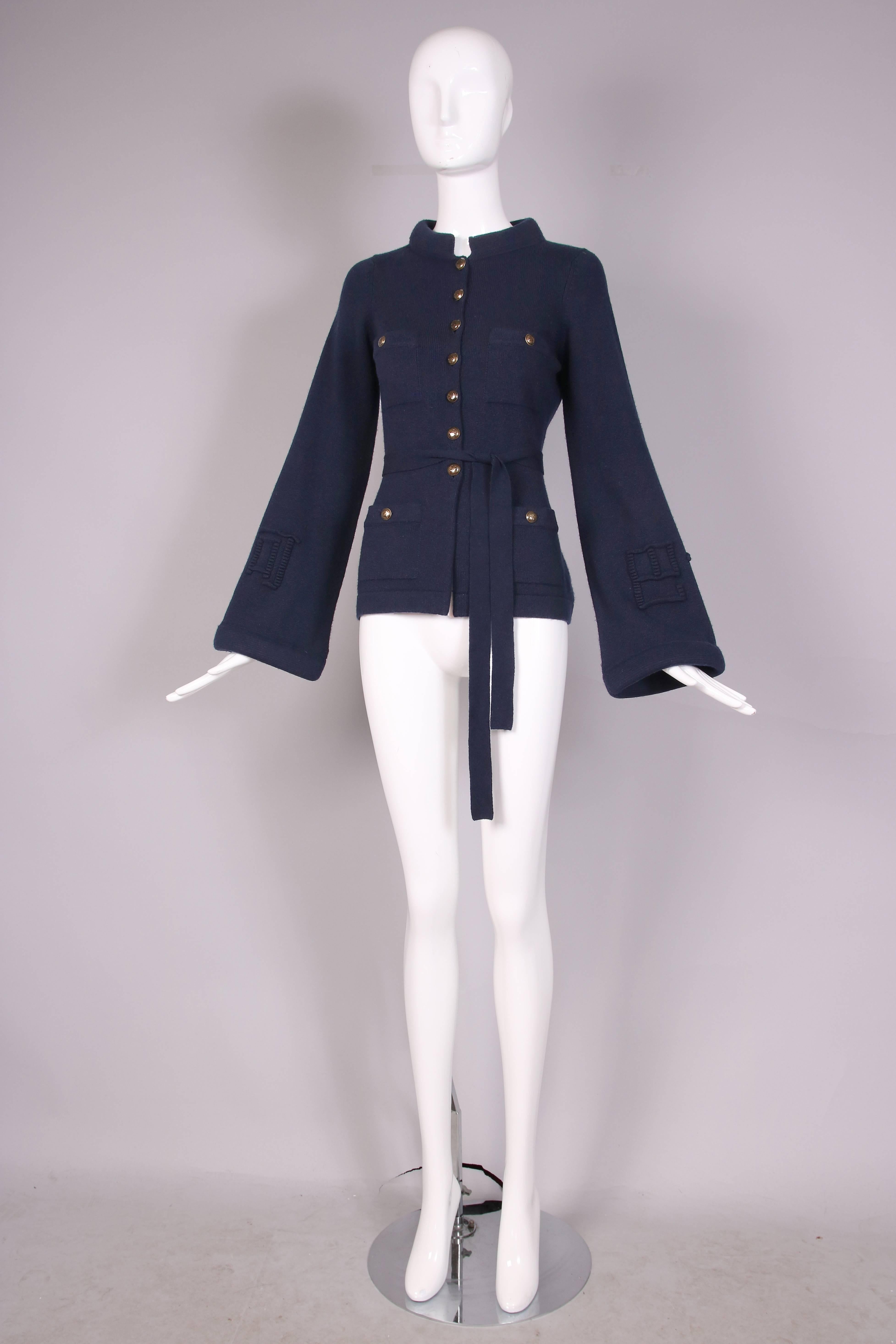 Women's Chanel Navy Cashmere Cardigan With Bell Sleeves Waist Tie and Metal Buttons 2010