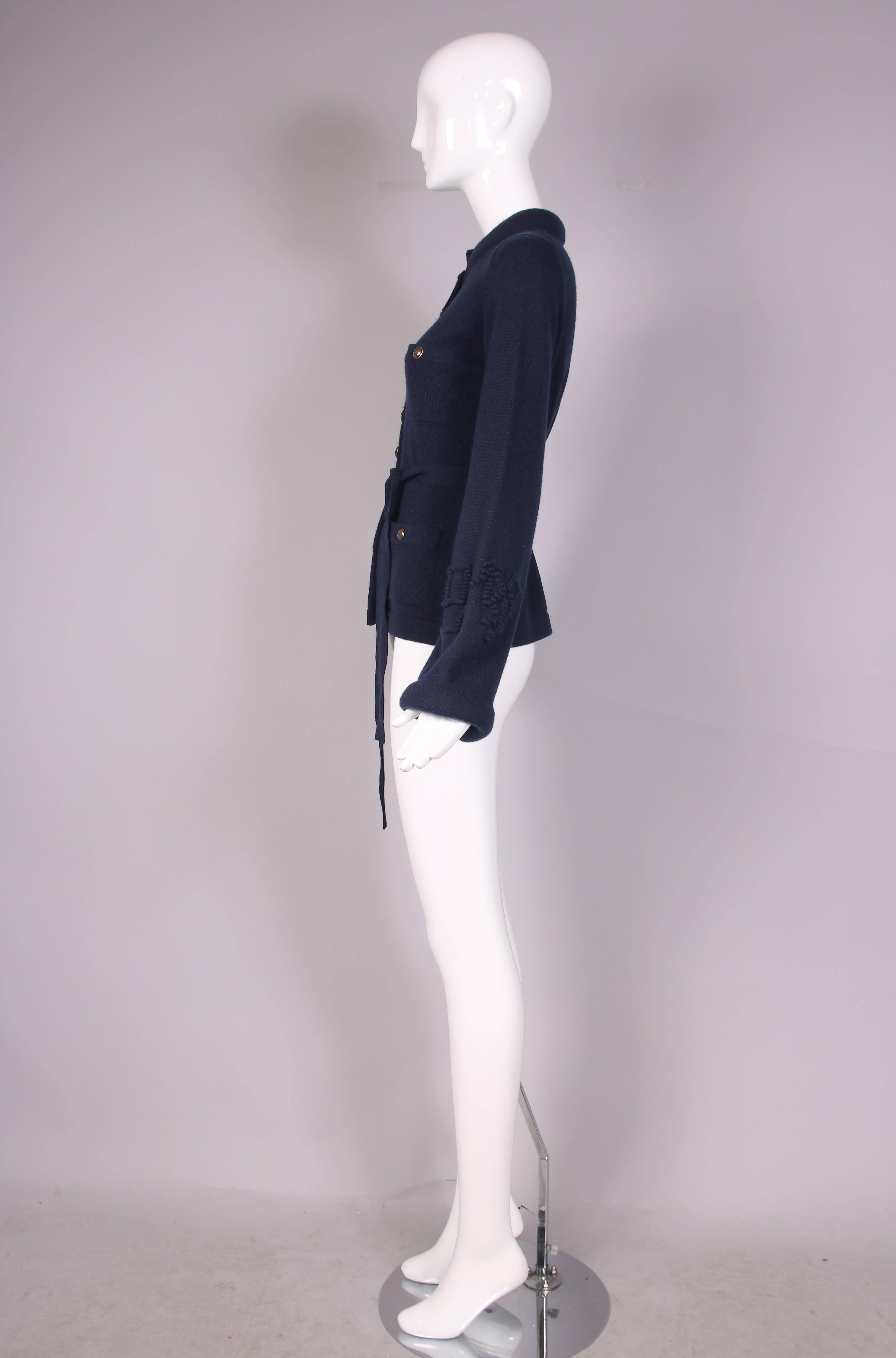 Chanel Navy Cashmere Cardigan With Bell Sleeves Waist Tie and Metal Buttons 2010 1