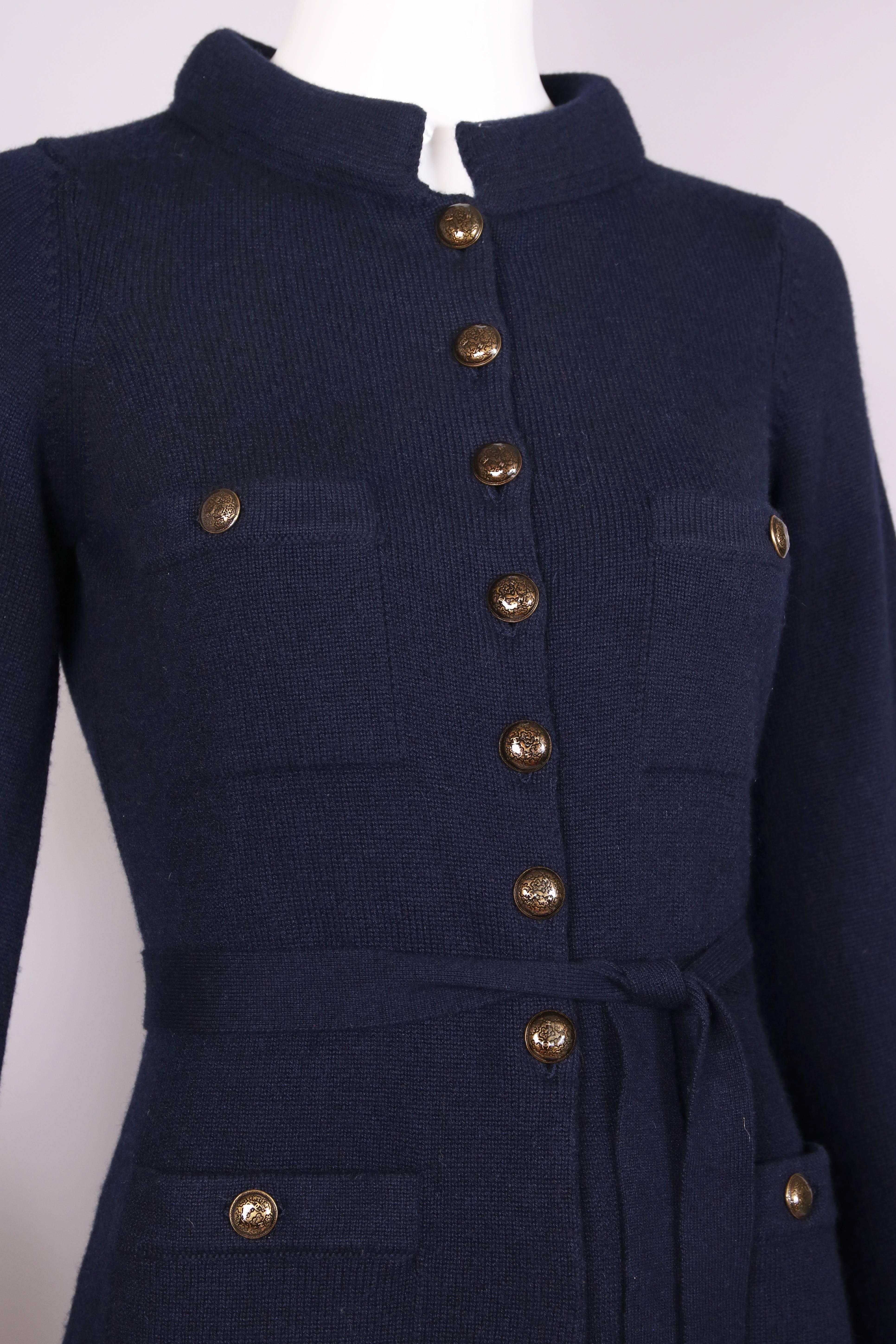Chanel Navy Cashmere Cardigan With Bell Sleeves Waist Tie and Metal Buttons 2010 2