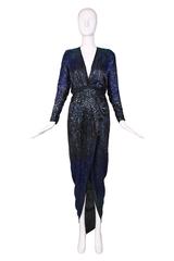 1970's Halston Deep V-Neck Beaded & Sequined Silk Evening Gown w/Long Sleeves
