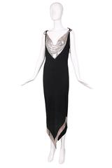 Loris Azzaro Slinky Black Evening Gown w/Silver Mesh Trim at Cowl Neckline &Trim