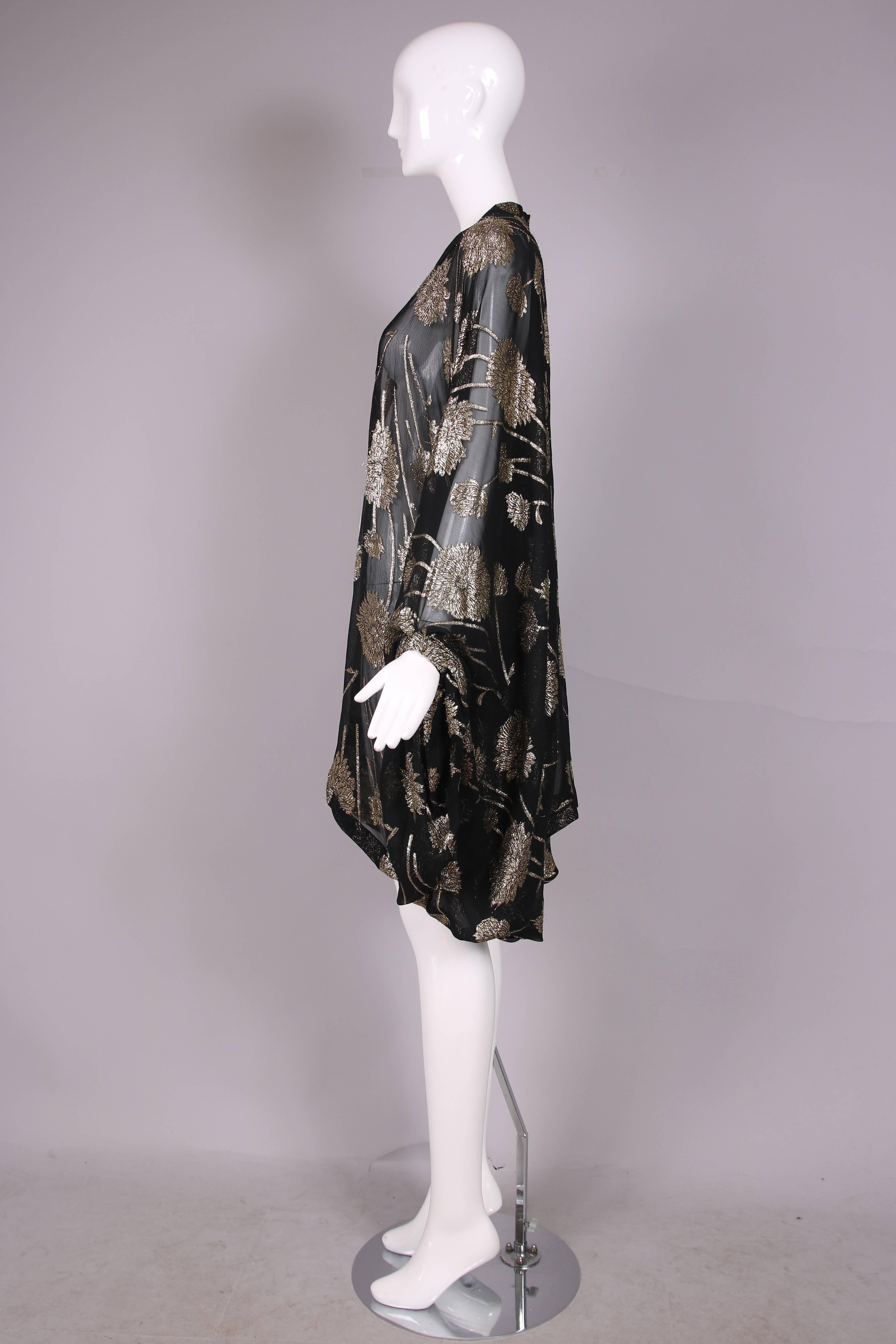 Women's Vintage Sheer Black Silk Chiffon w/Gold Metallic Floral Print Cocoon Shawl