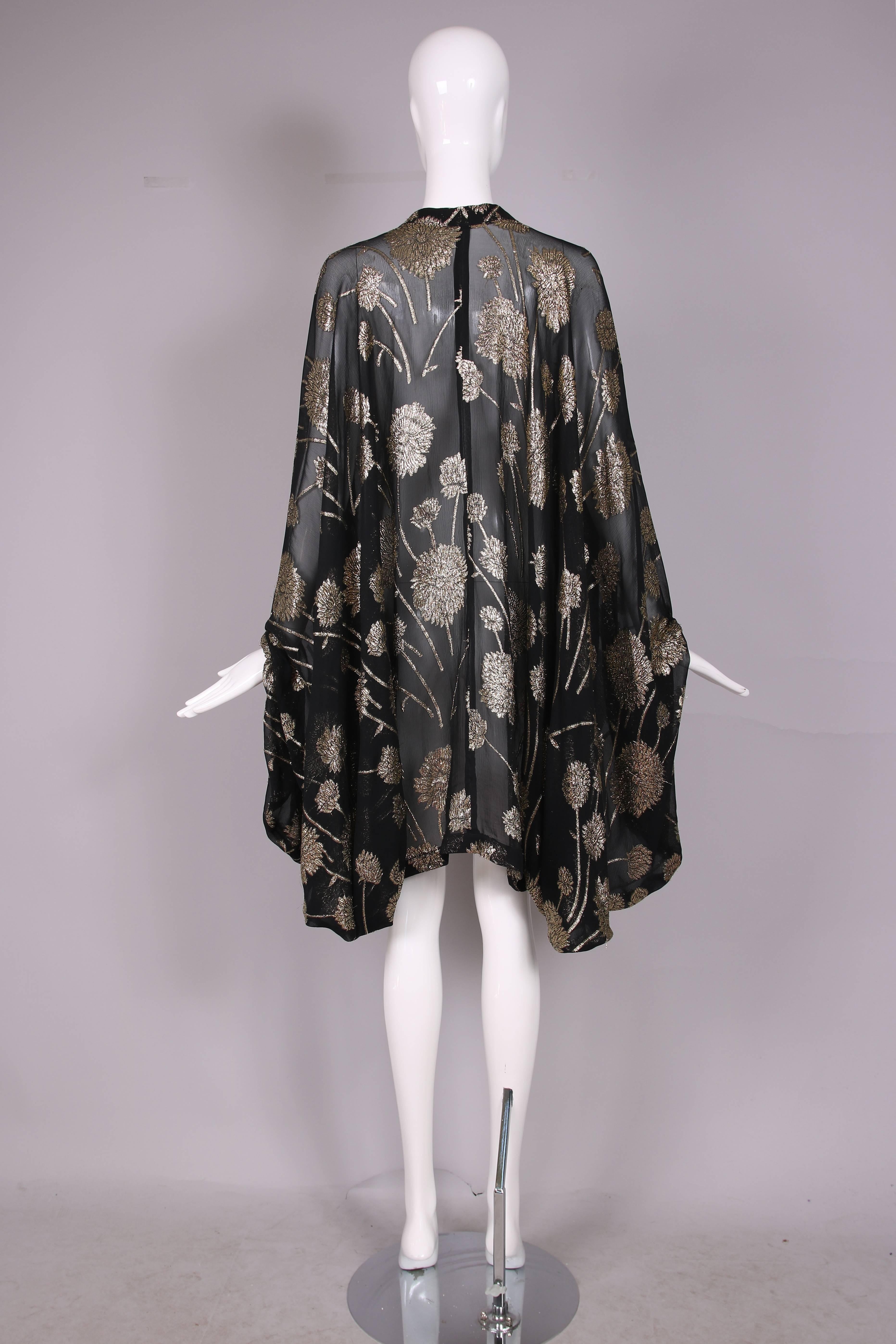 Vintage Sheer Black Silk Chiffon w/Gold Metallic Floral Print Cocoon Shawl 1