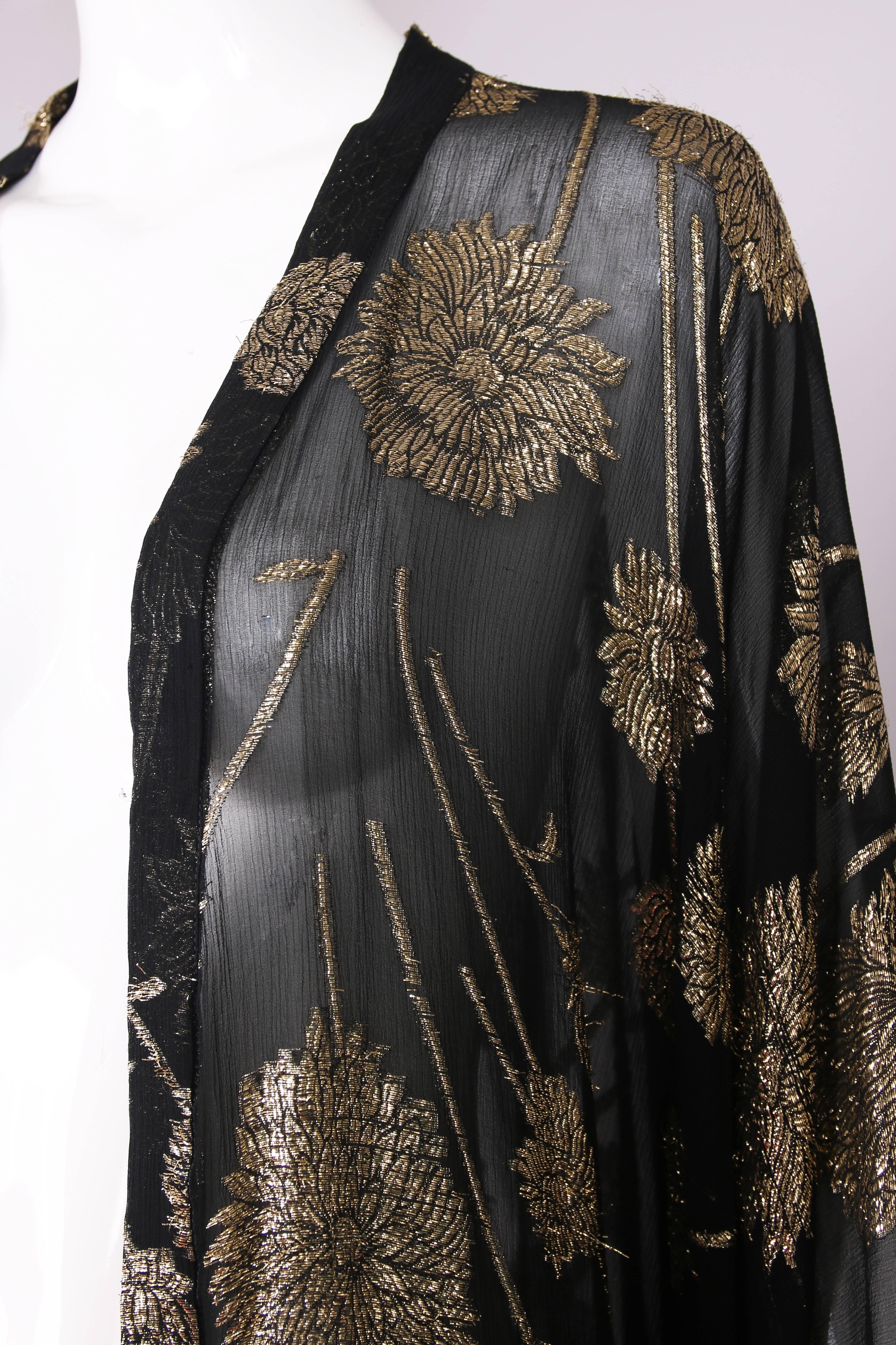 Vintage Sheer Black Silk Chiffon w/Gold Metallic Floral Print Cocoon Shawl 2