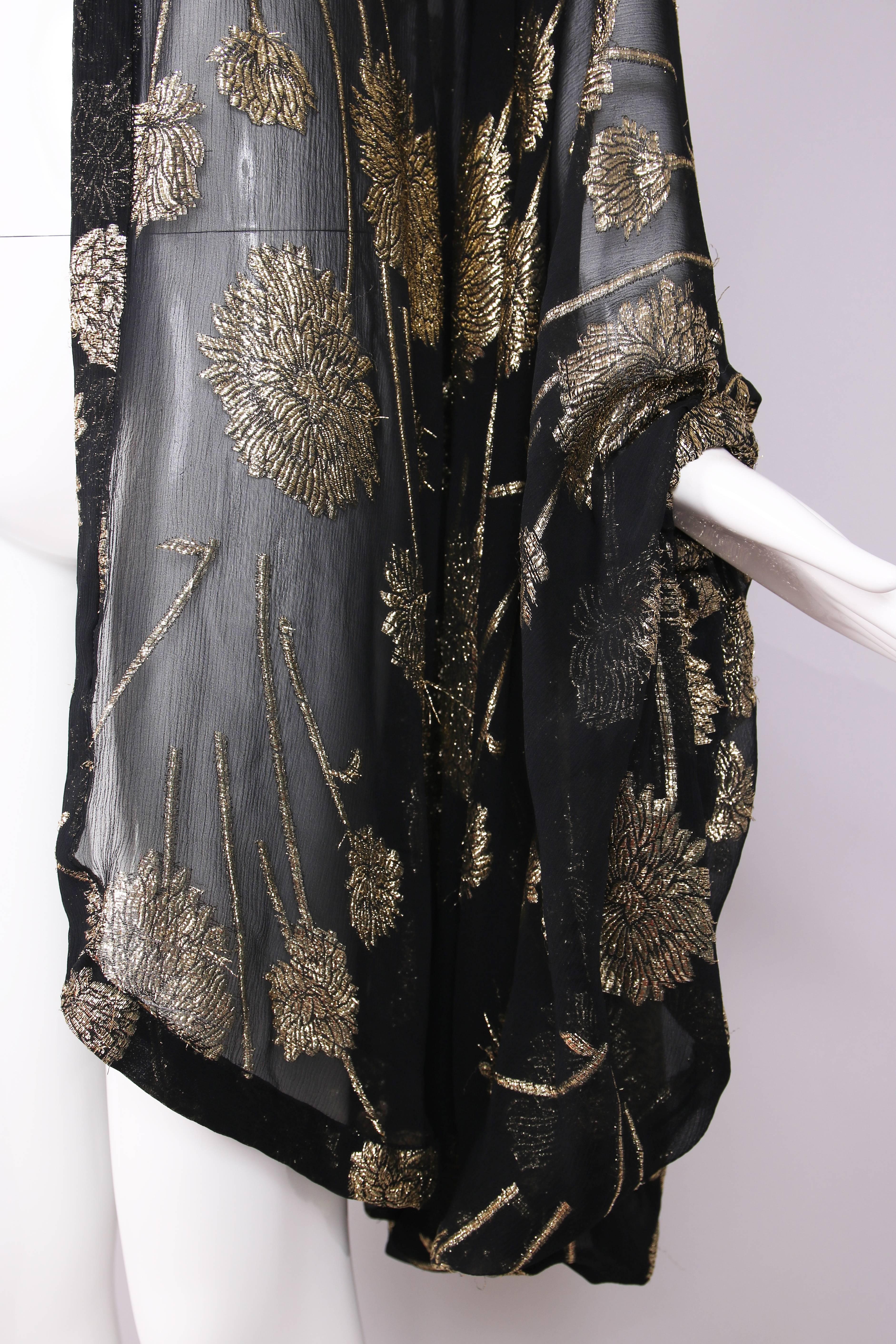 Vintage Sheer Black Silk Chiffon w/Gold Metallic Floral Print Cocoon Shawl 3