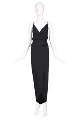 1970's Halston Black Silk Crepe Tulip Wrap Skirt & Low V-Neck Top Ensemble