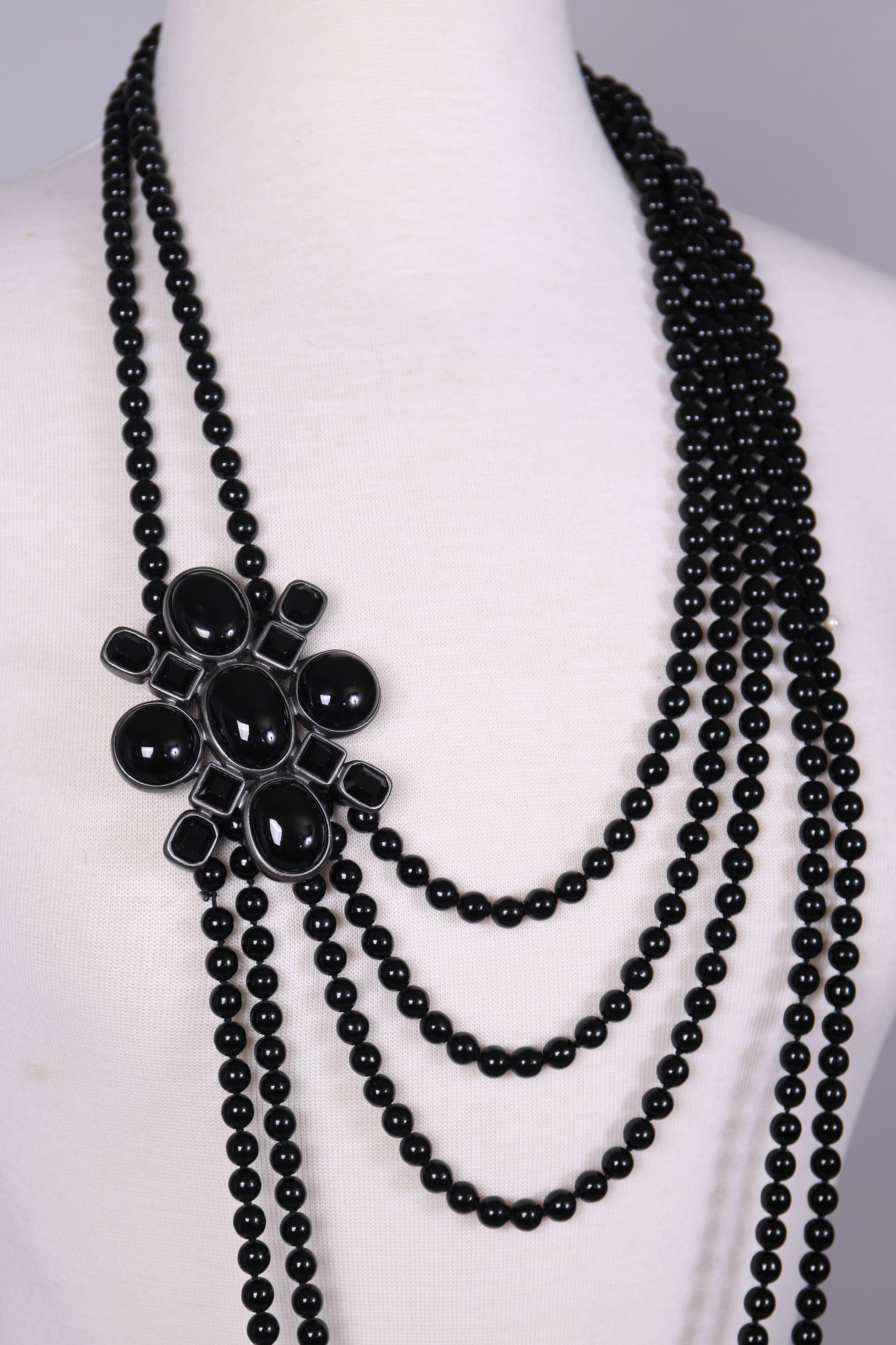 Women's 2005 Chanel Multi-strand Black Patte de Verre Beaded Sautoir w/Brooch Detail