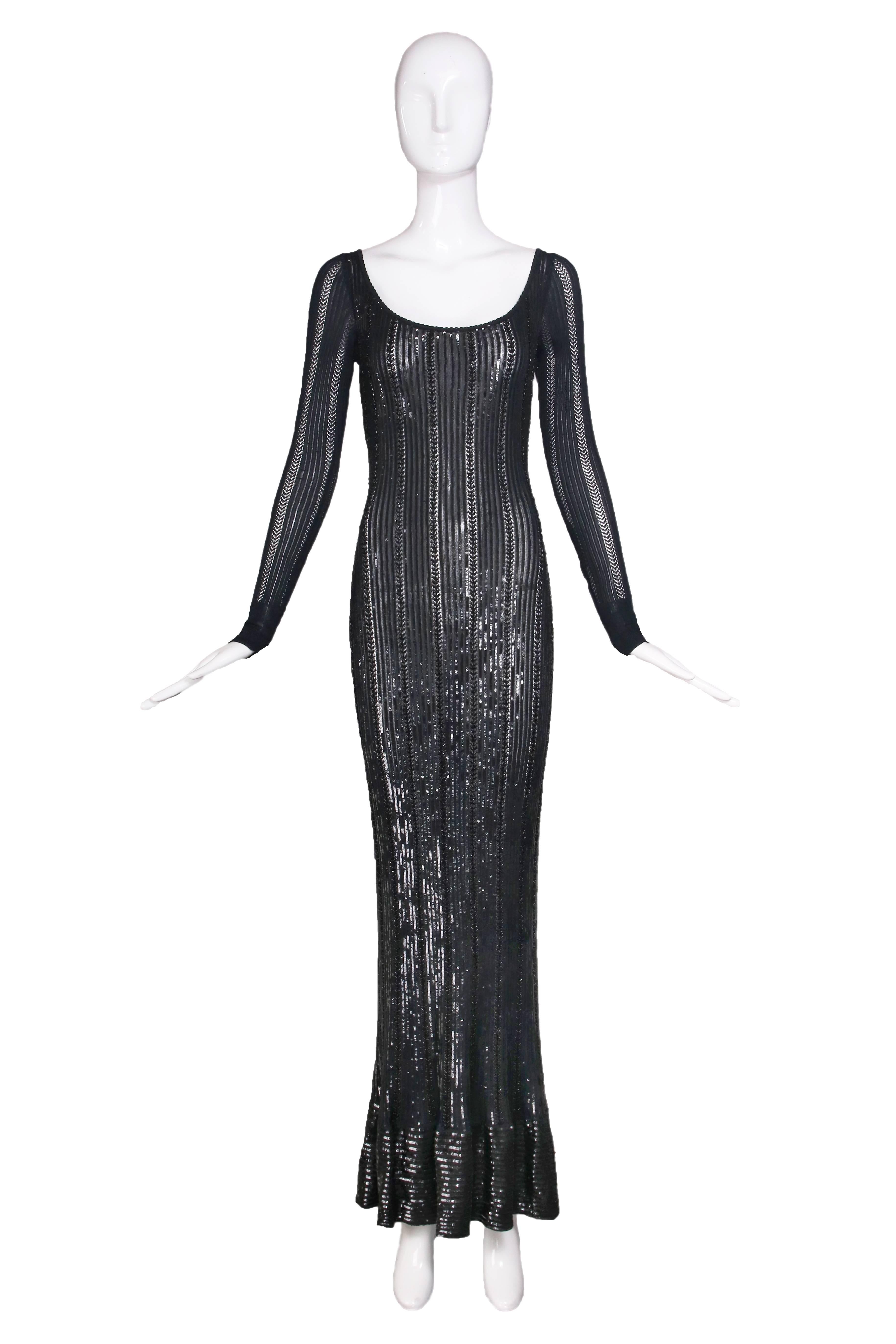 Circa 1996 Alaia black viscose, beaded & sequined long sleeved evening gown with slightly flared, beaded hem. In excellent condition. Size M.
MEASUREMENTS:
Bust - 32"
Waist - 26-27"
Hips - 36-37"
Length - 56"
Sleeves -