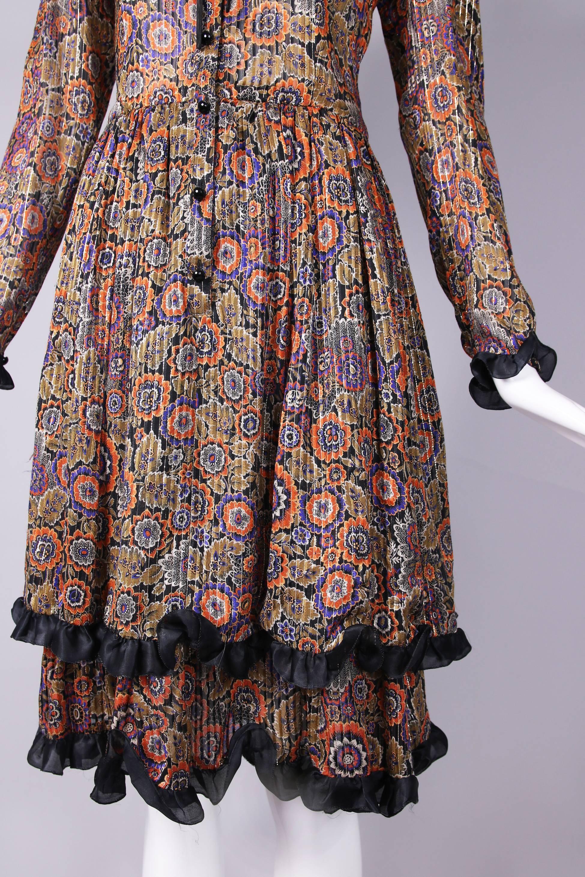 Vintage Valentino Tiered Floral Print & Metallic Silk Dress W/Ruffled Trim 2