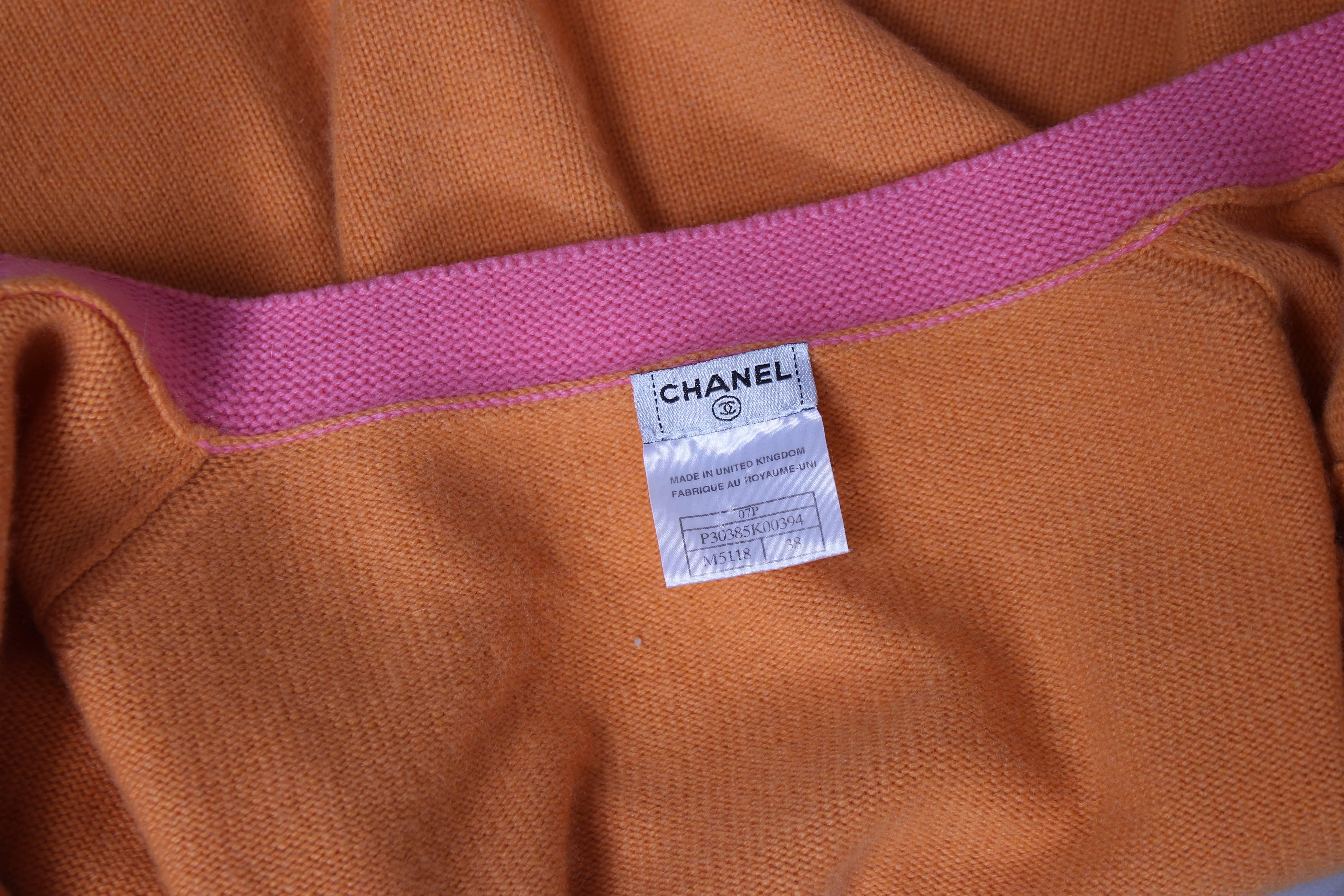 2007 Chanel Orange Cashmere Cardigan W/Chanel CC Logo Buttons & Pink Trim 2