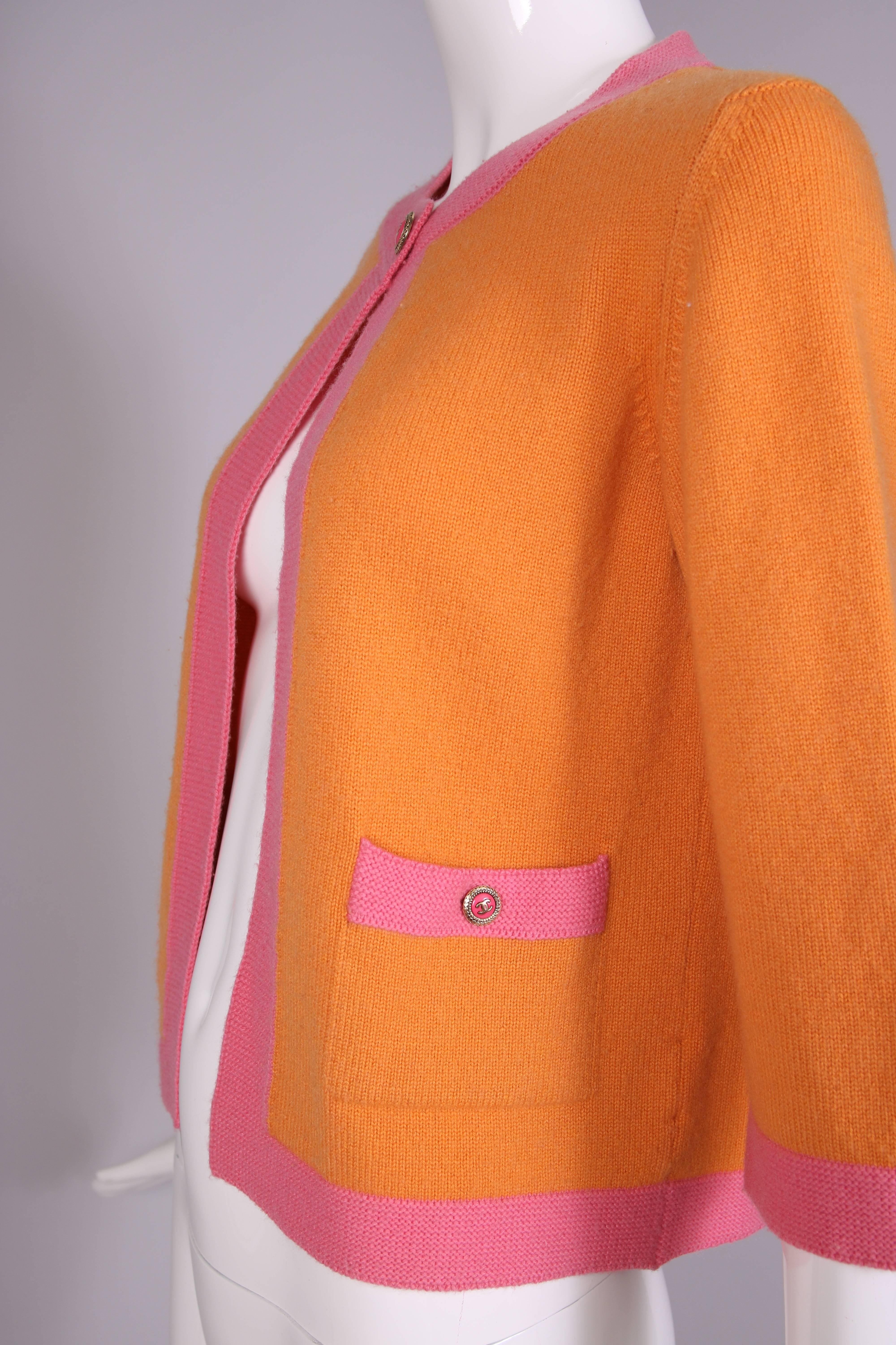 2007 Chanel Orange Cashmere Cardigan W/Chanel CC Logo Buttons & Pink Trim In Excellent Condition In Studio City, CA