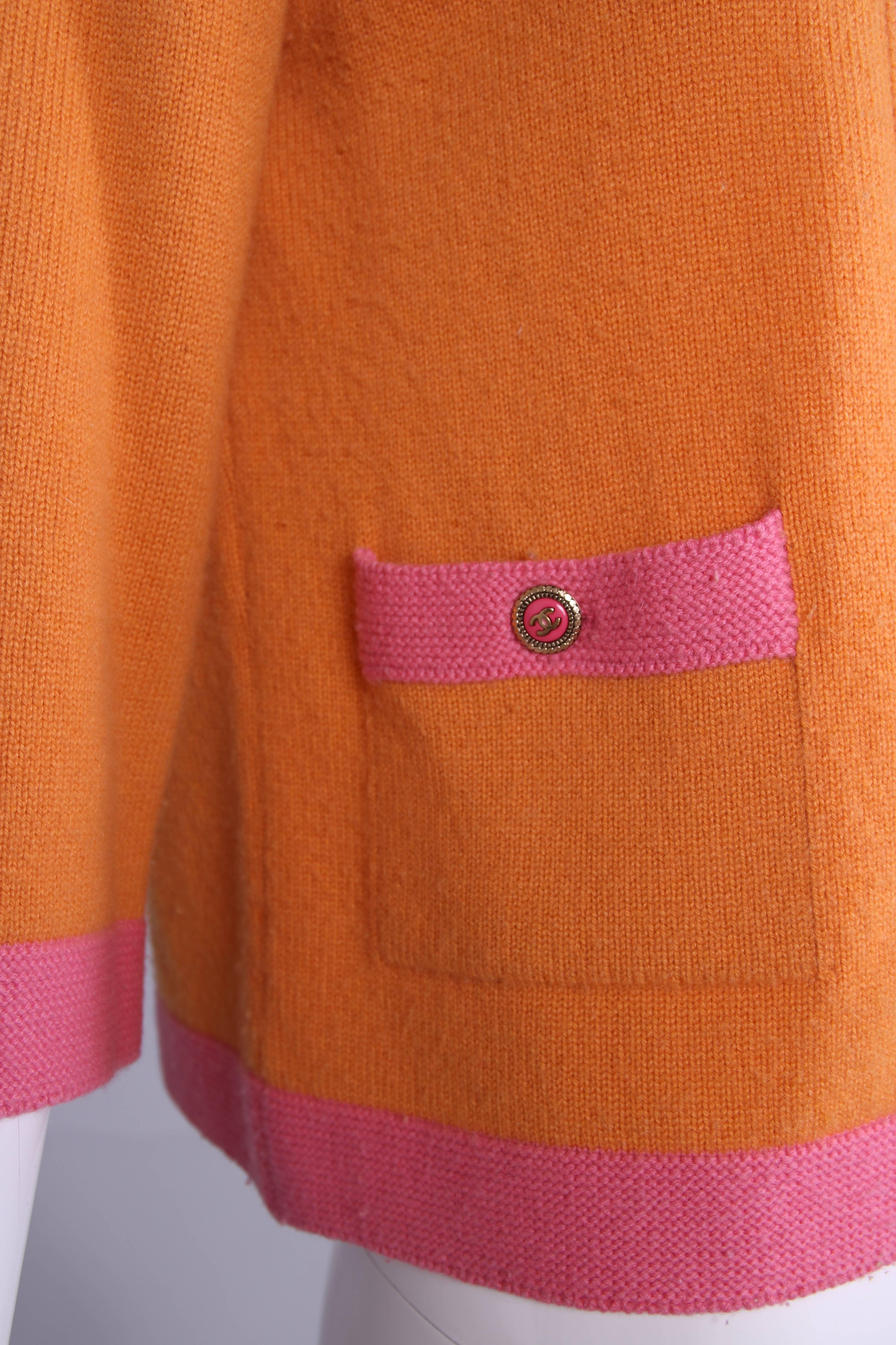 2007 Chanel Orange Cashmere Cardigan W/Chanel CC Logo Buttons & Pink Trim 1