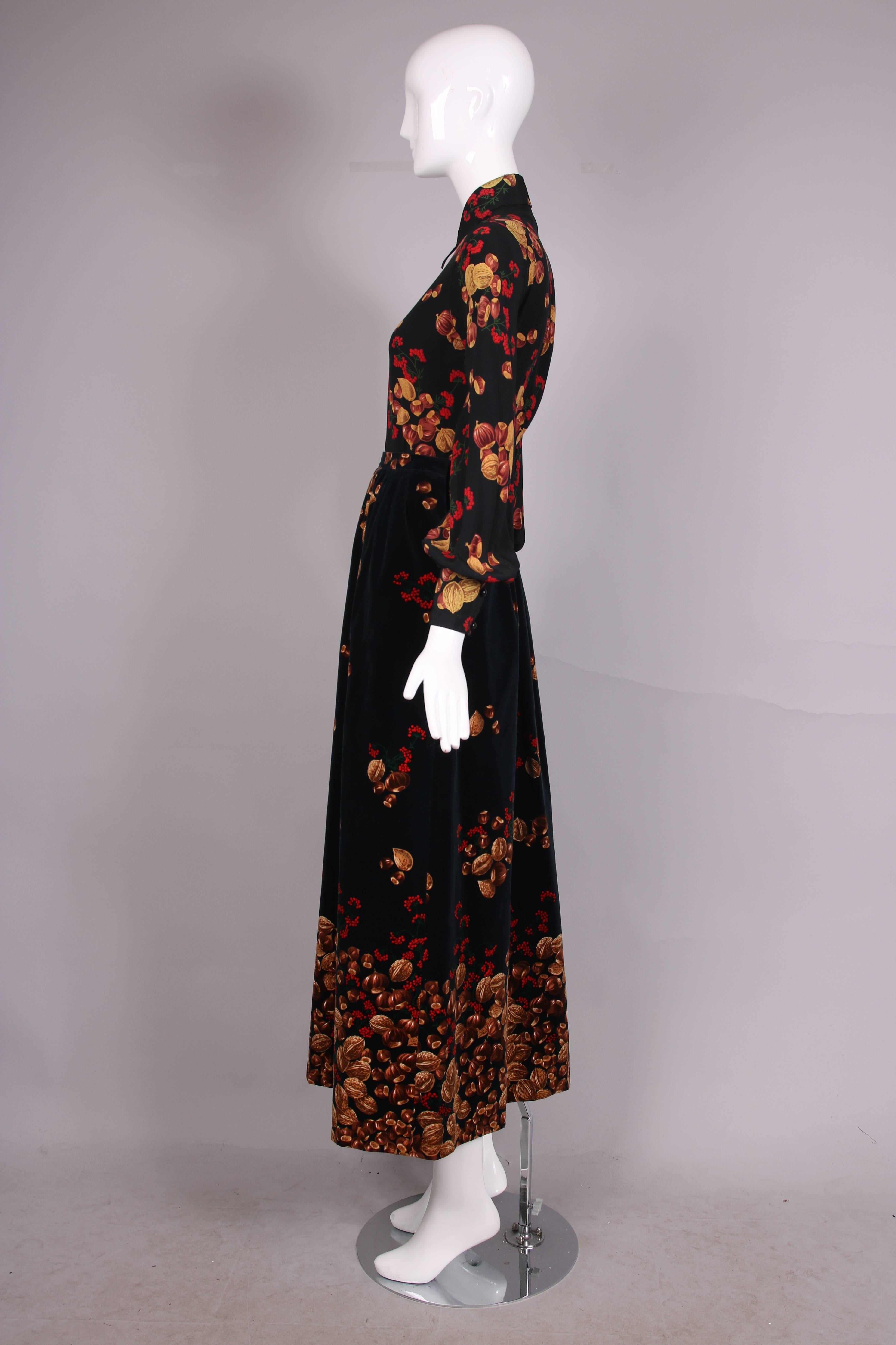 Women's 1970s Valentino Black Silk Blouse and Navy Velvet Maxi Skirt Set w/Acorn Print