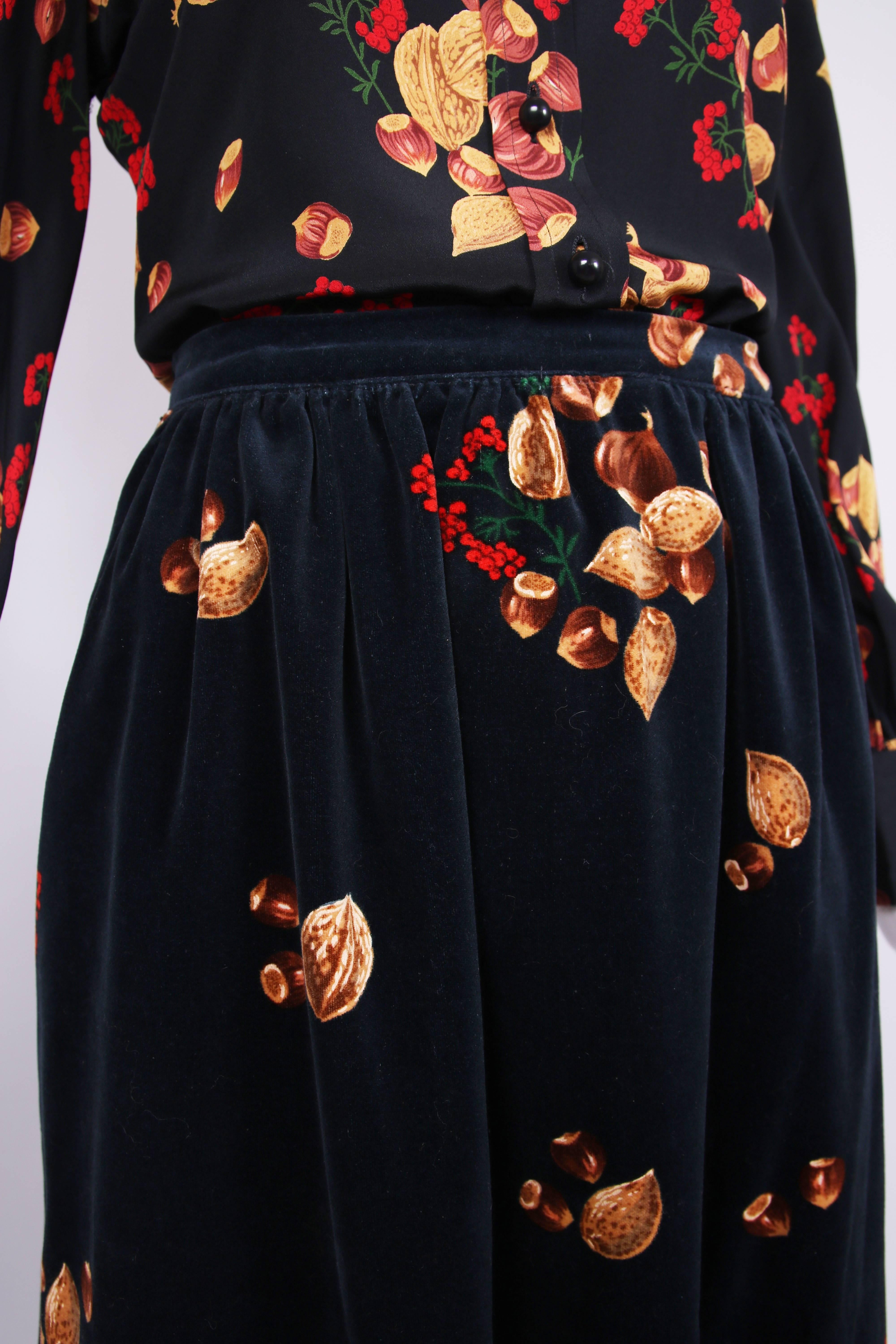 1970s Valentino Black Silk Blouse and Navy Velvet Maxi Skirt Set w/Acorn Print 1
